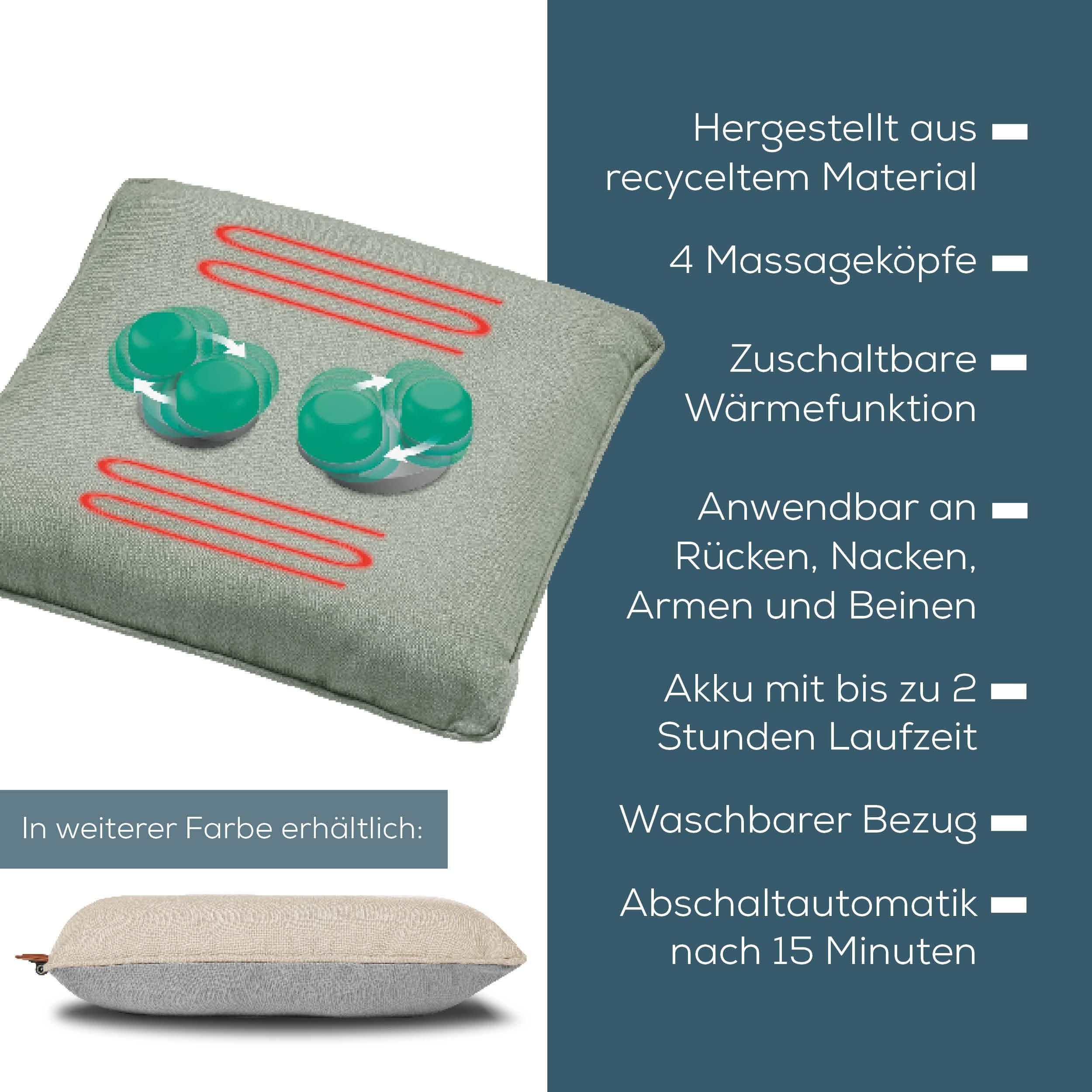 Graues Massagekissen mit 4 Massageköpfen und roten Heizelementen.