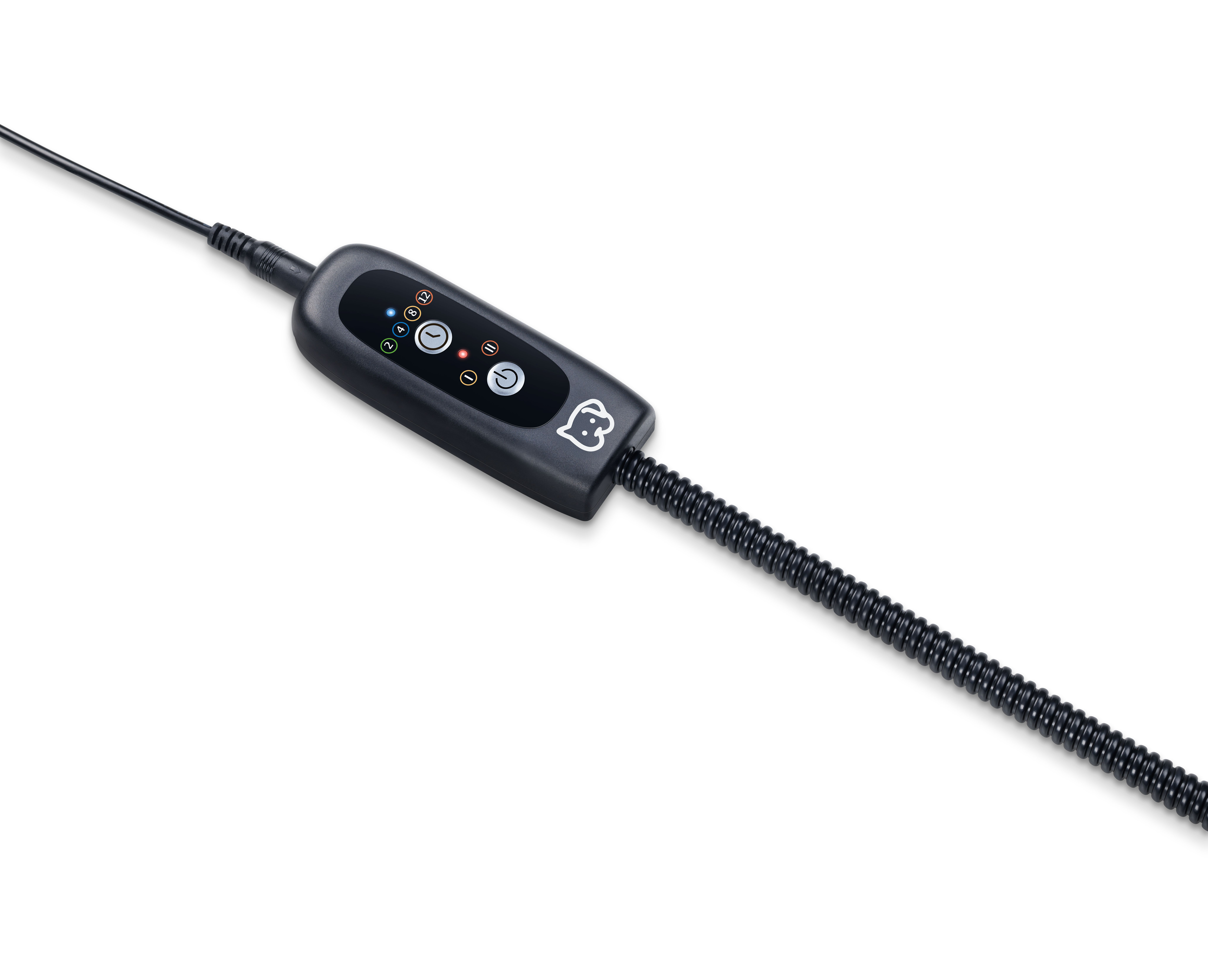 Schwarzer Controller mit Tasten und Leuchten, verbunden mit einem Kabel.