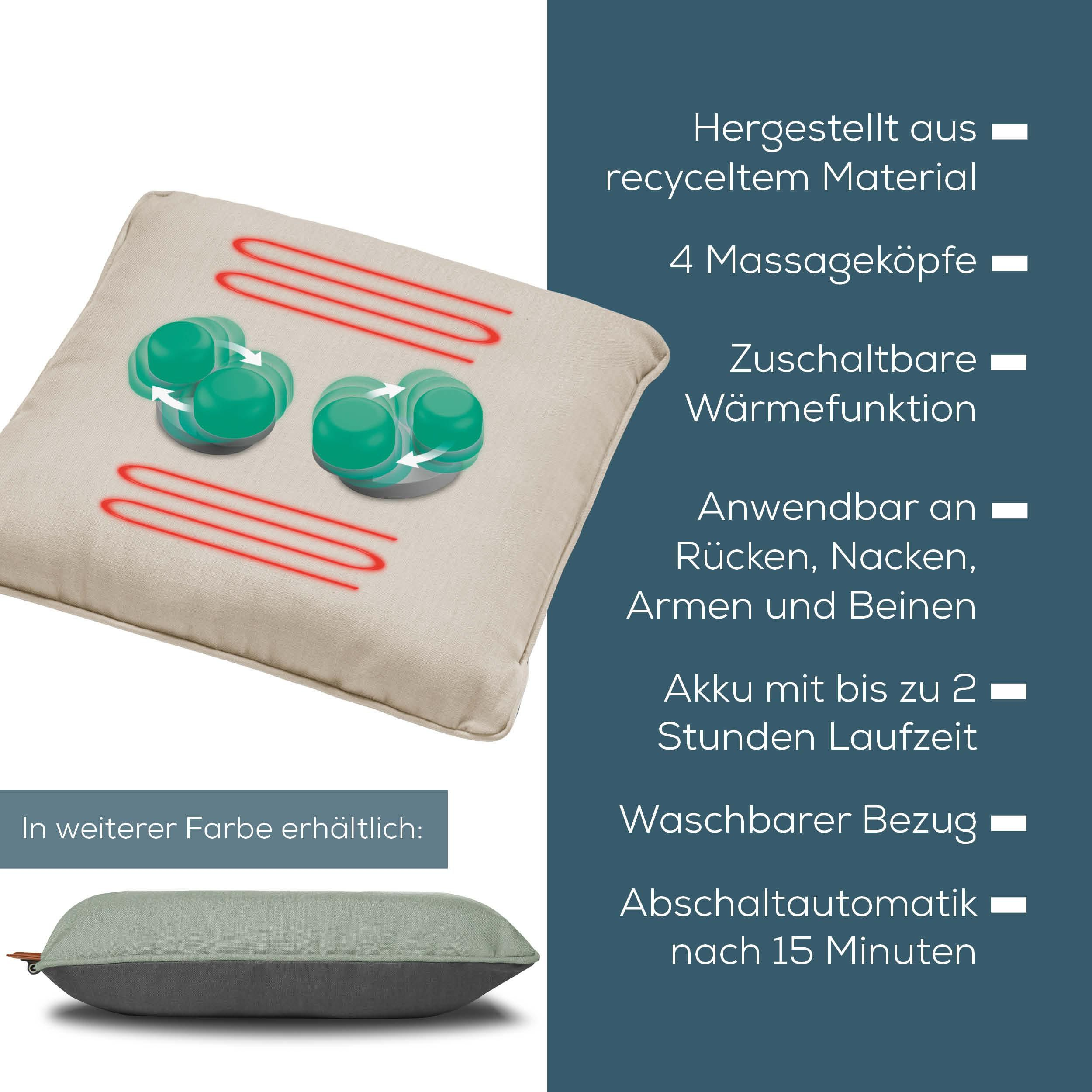 Beigefarbene Massagekissen mit grünen Massageköpfen, roter Heizfunktion.