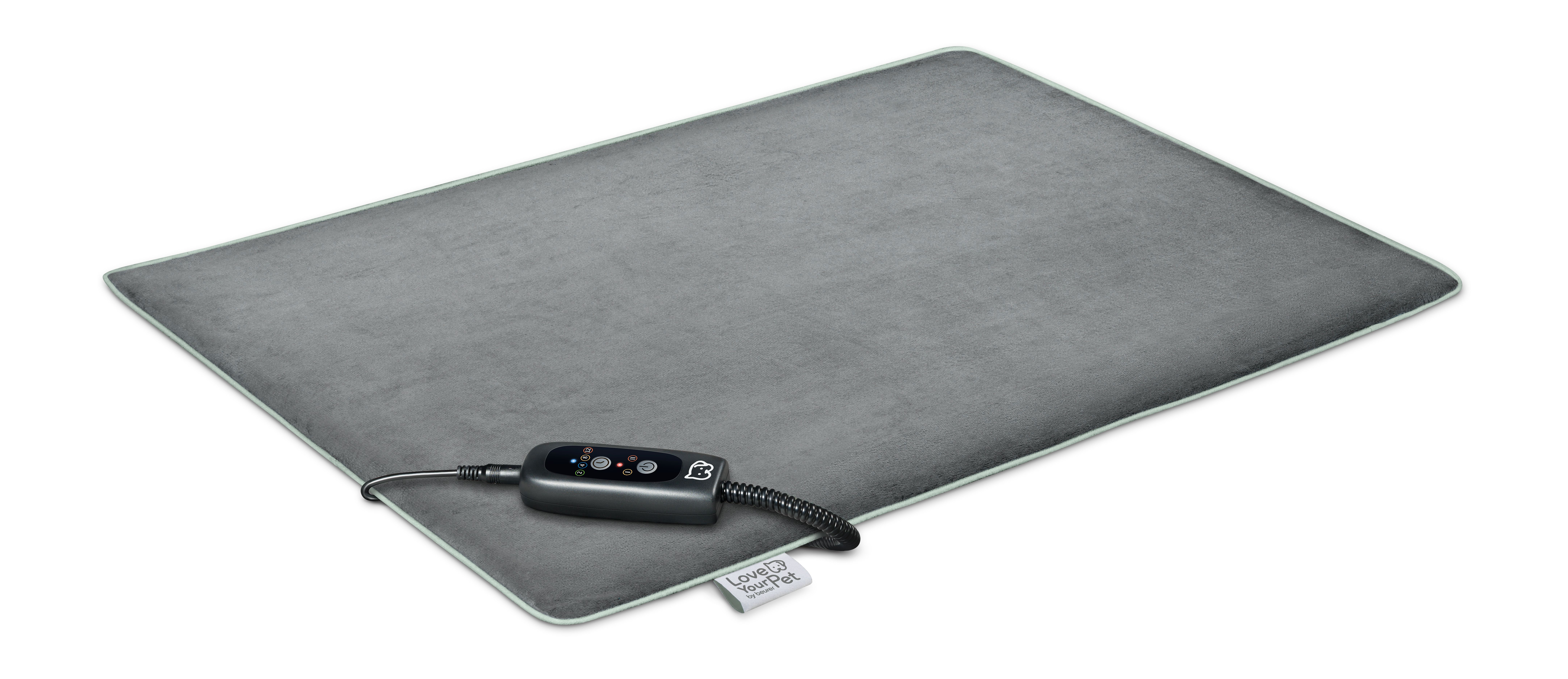Graue Heizmatte für Haustiere mit schwarzem Steuergerät und Kabel.