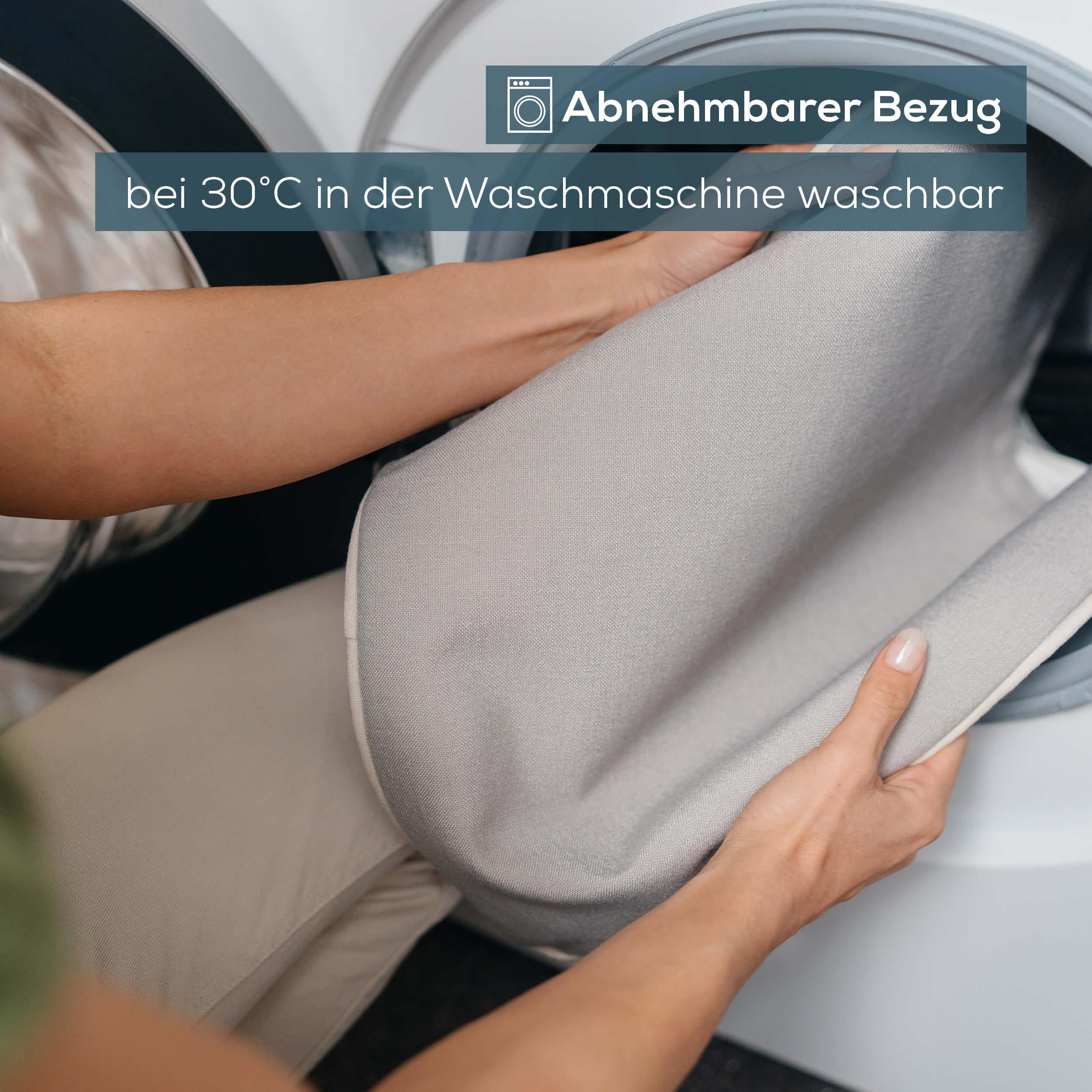 Abnehmbarer Bezug wird in der Waschmaschine bei 30°C gewaschen.
