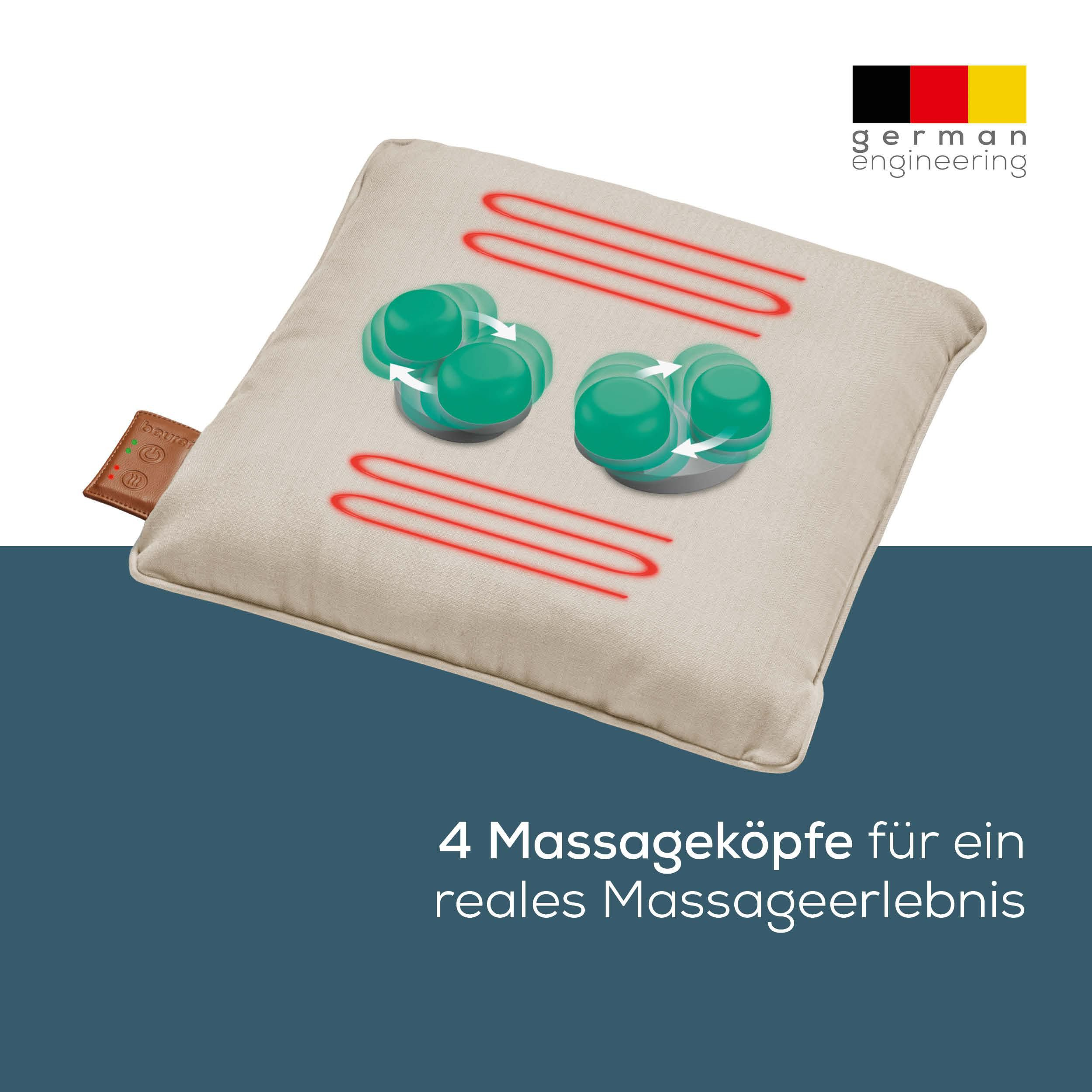 Beige Kissen mit Massageköpfen, roten Wellen und deutschem Ingenieurslogo.