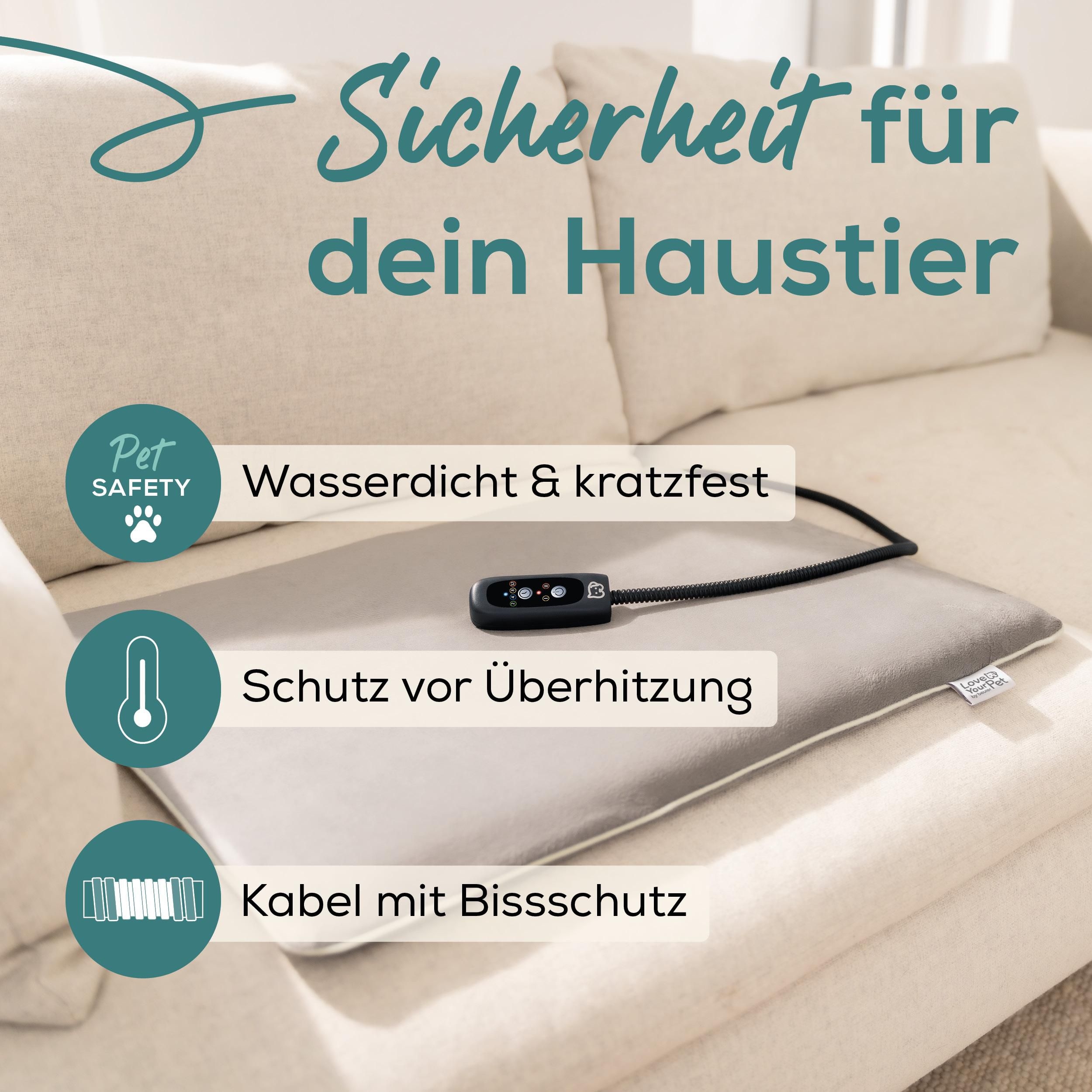 Graue Haustierdecke mit Heizfunktion, wasserdicht, kratzfest, Überhitzungsschutz.