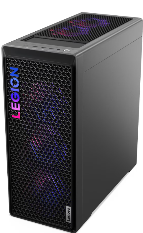 Ein schwarzer Lenovo Legion Tower-PC mit RGB-Beleuchtung vorne und oben.