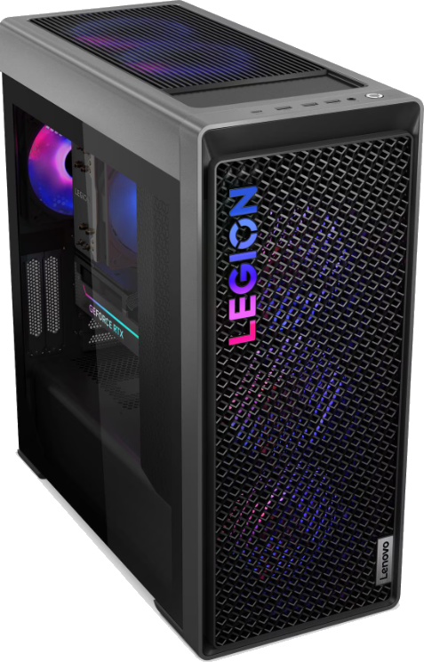 Ein schwarzer Lenovo Legion Gaming-PC mit RGB-Beleuchtung vorne und innen.