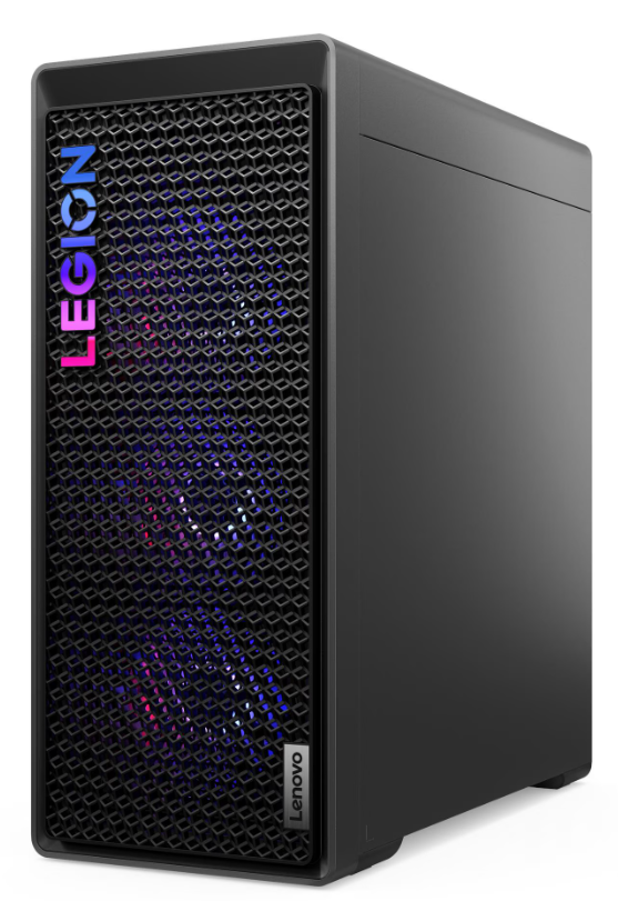 Schwarzer Gaming-PC mit Netzfront, Legion-Logo und RGB-Beleuchtung.