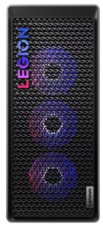 Schwarzer PC-Turm mit LEGION-Logo und blauen/violetten Lüftern.