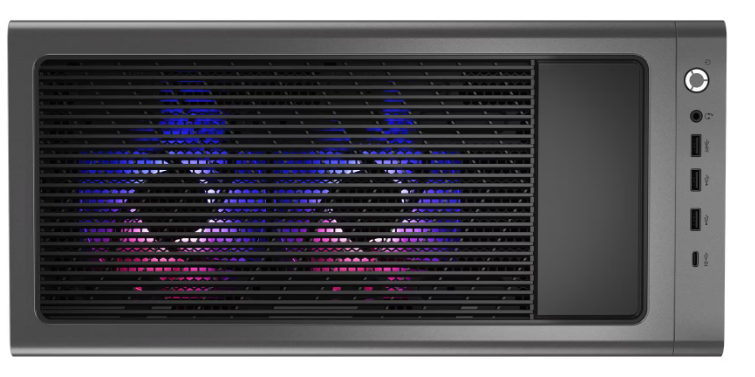 Graues Computergehäuse mit Lüftern, die blau und pink leuchten.