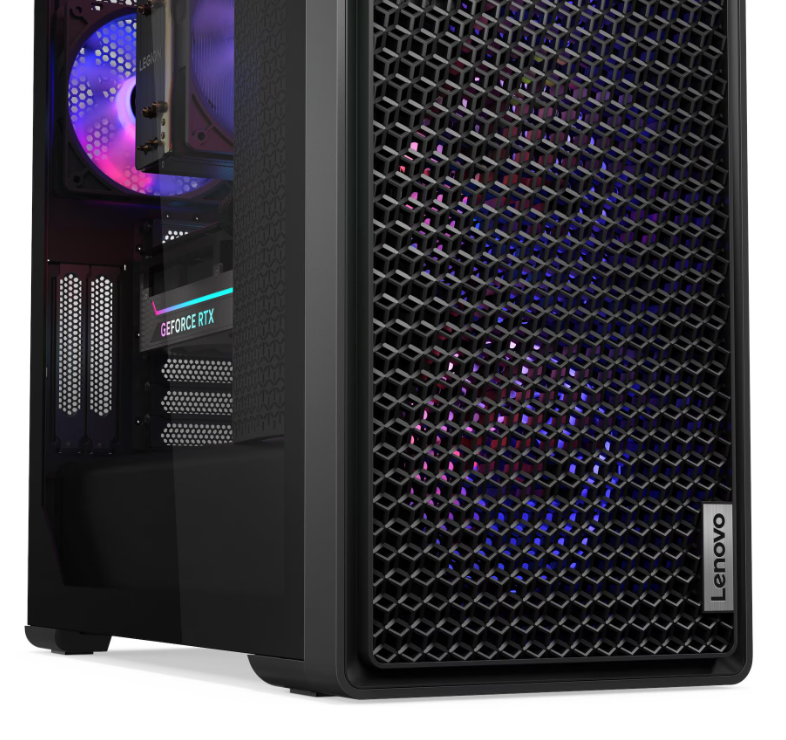 Schwarzer Gaming-PC mit beleuchteten Lüftern und RTX-Grafikkarte.