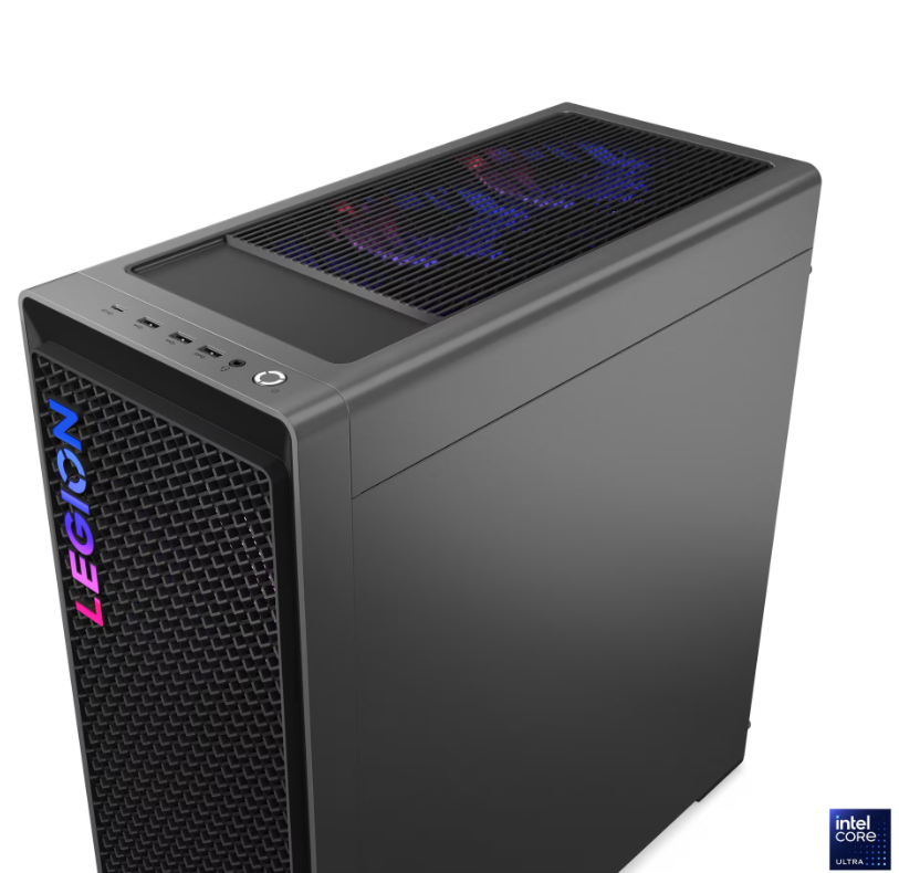 Ein schwarzer Gaming-PC mit beleuchtetem 'LEGION'-Logo und Lüftern.