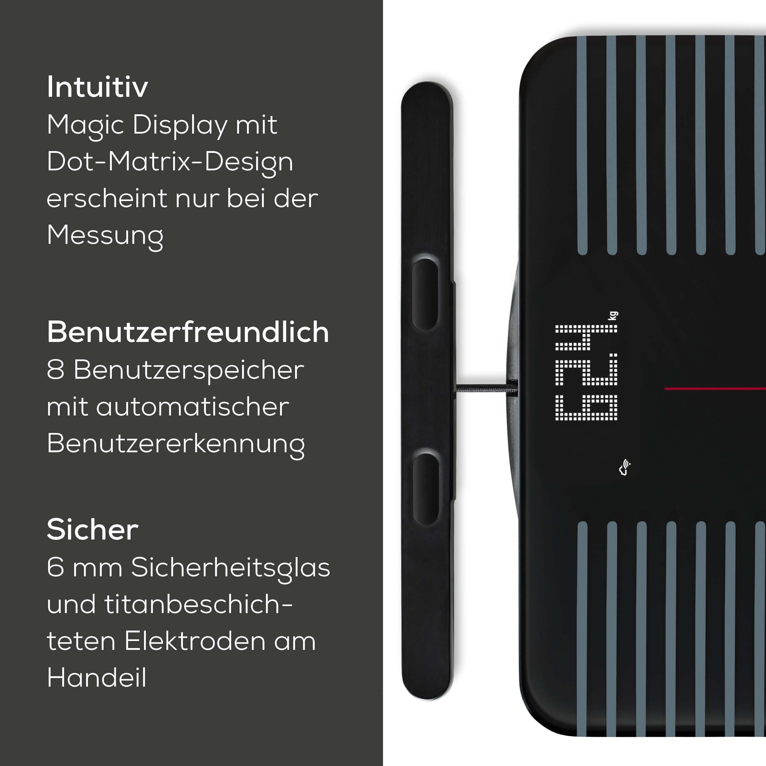 Schwarzer Körperanalysewaage mit Dot-Matrix-Display, zeigt 62.4 kg.