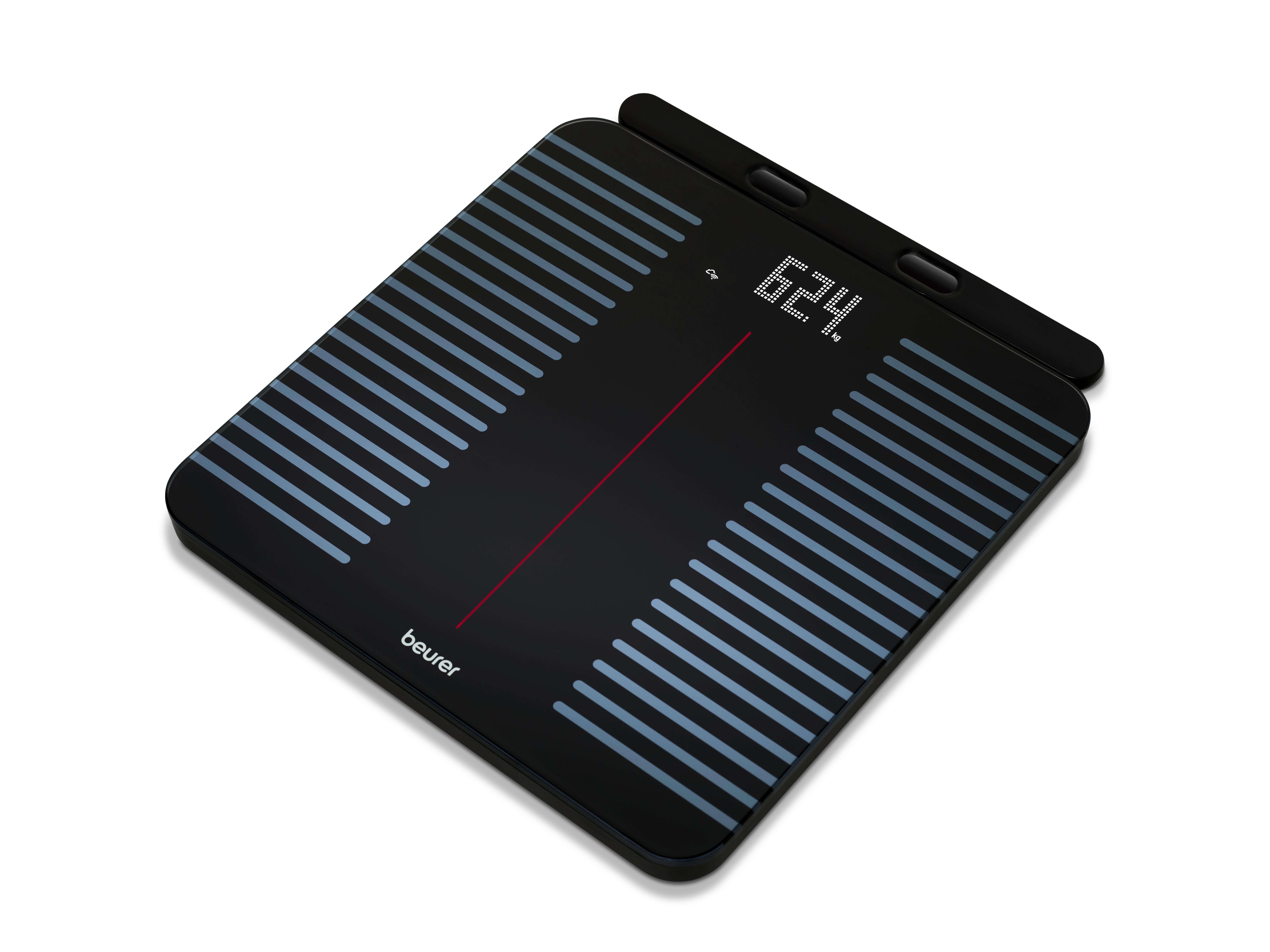 Schwarze Personenwaage mit digitaler Anzeige von 62,4 kg und blau-grauen Streifen.