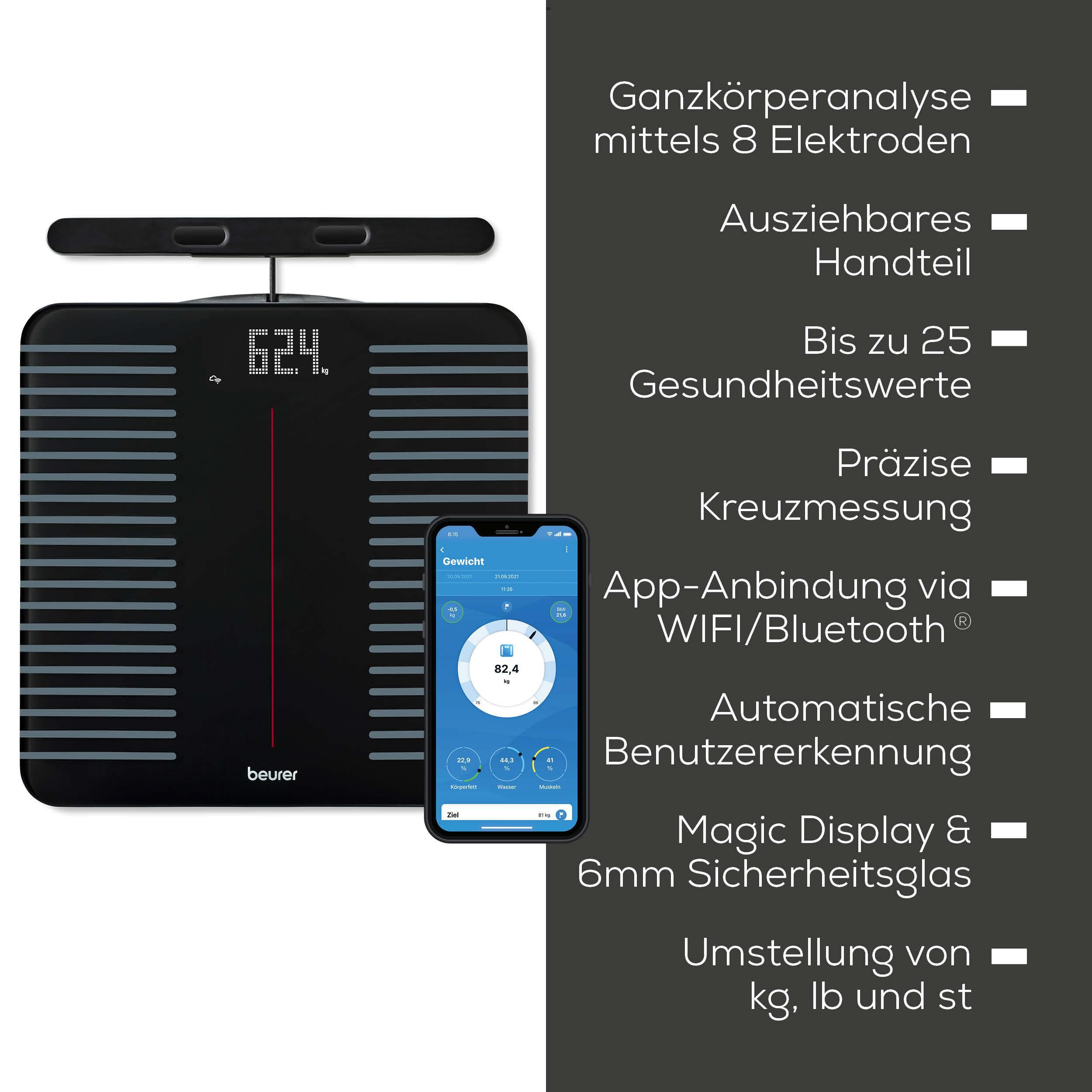 Schwarze Personenwaage mit abnehmbarem Handteil und Smartphone-App.