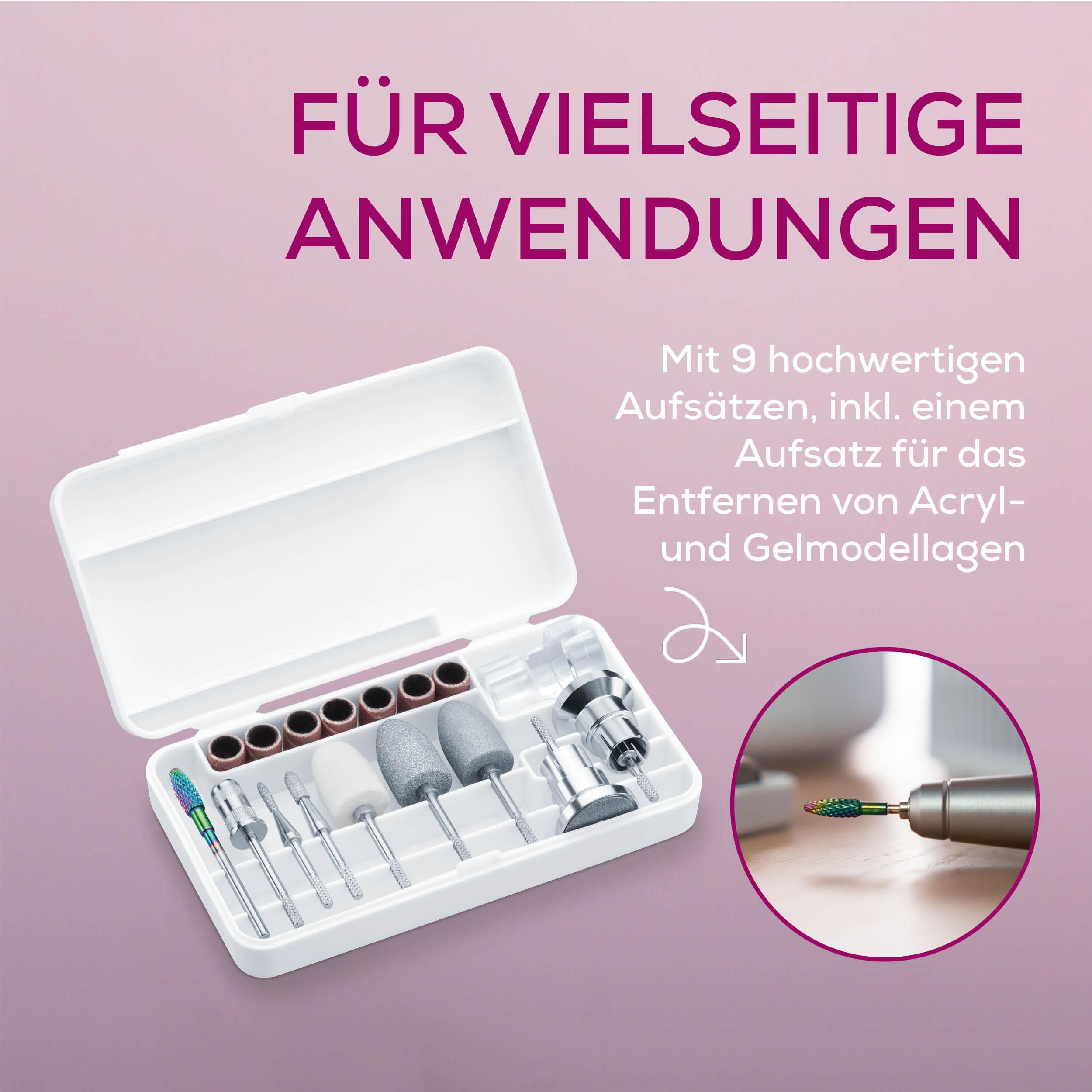 Ein weißes Etui mit 9 Nail-Art-Aufsaetzen und einem Fräser.
