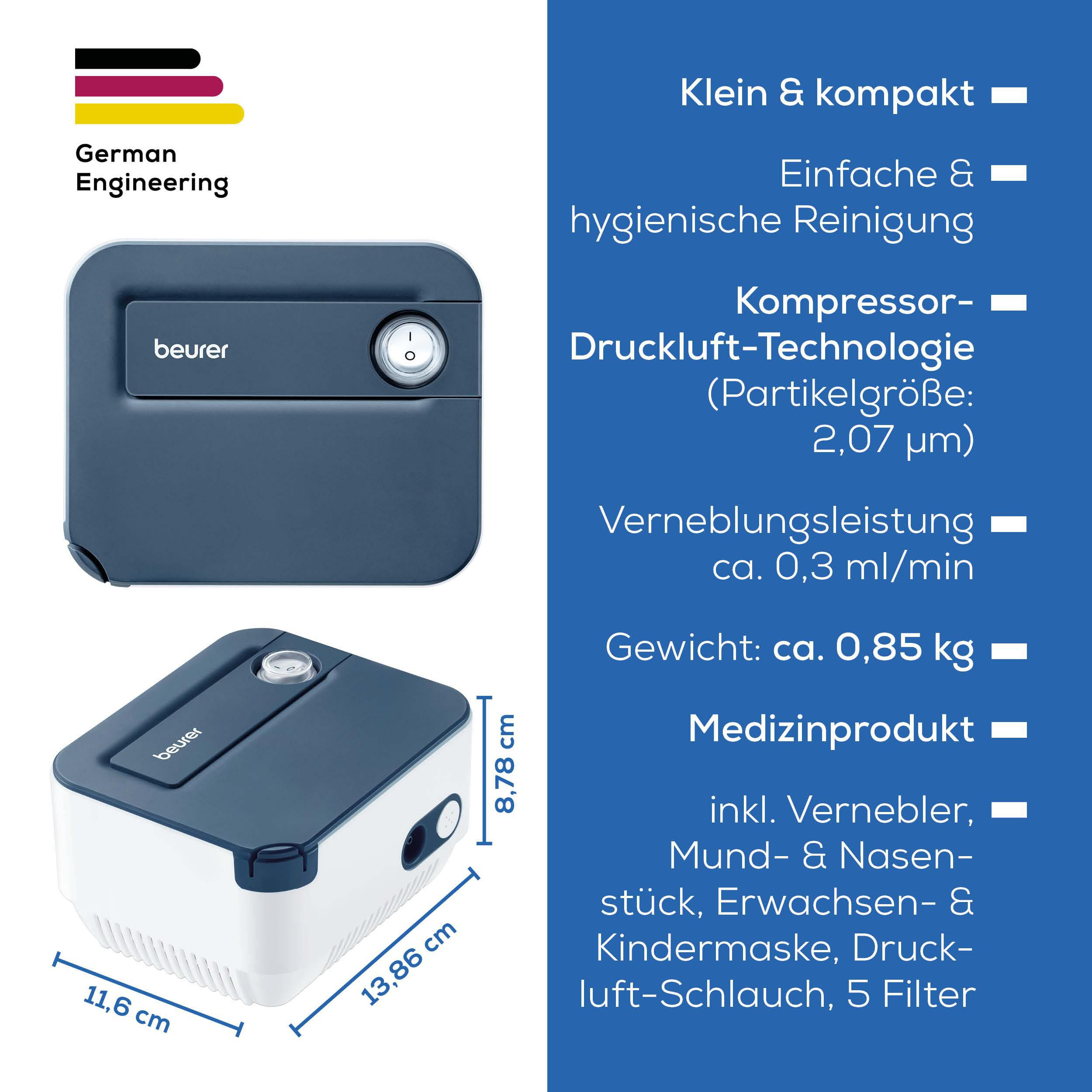 Blauer Beurer Vernebler mit deutschem Ingenieurslogo und technischen Daten.