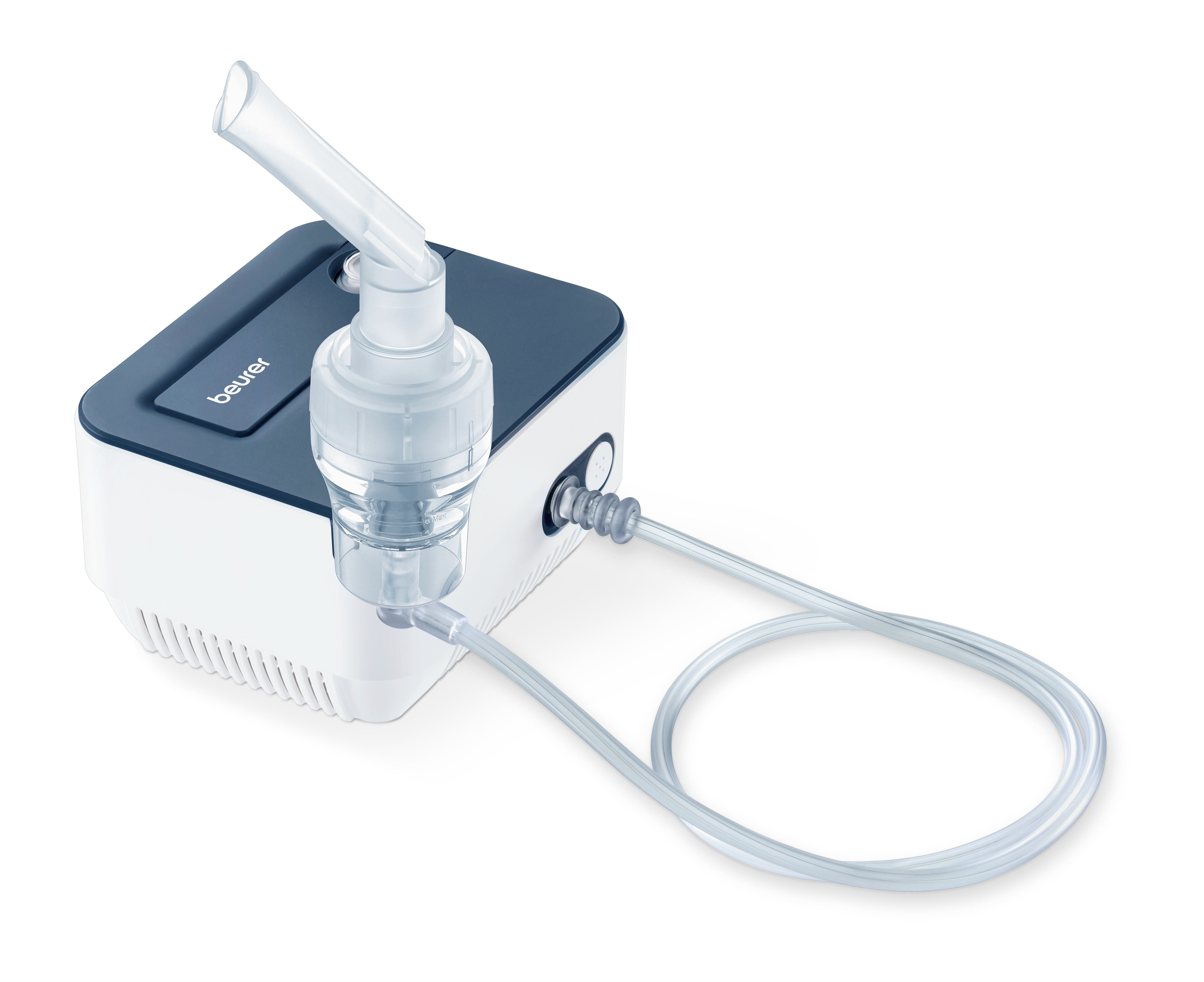 Ein weißer und blauer Inhalator mit Schläuchen und Mundstück auf weißem Hintergrund.