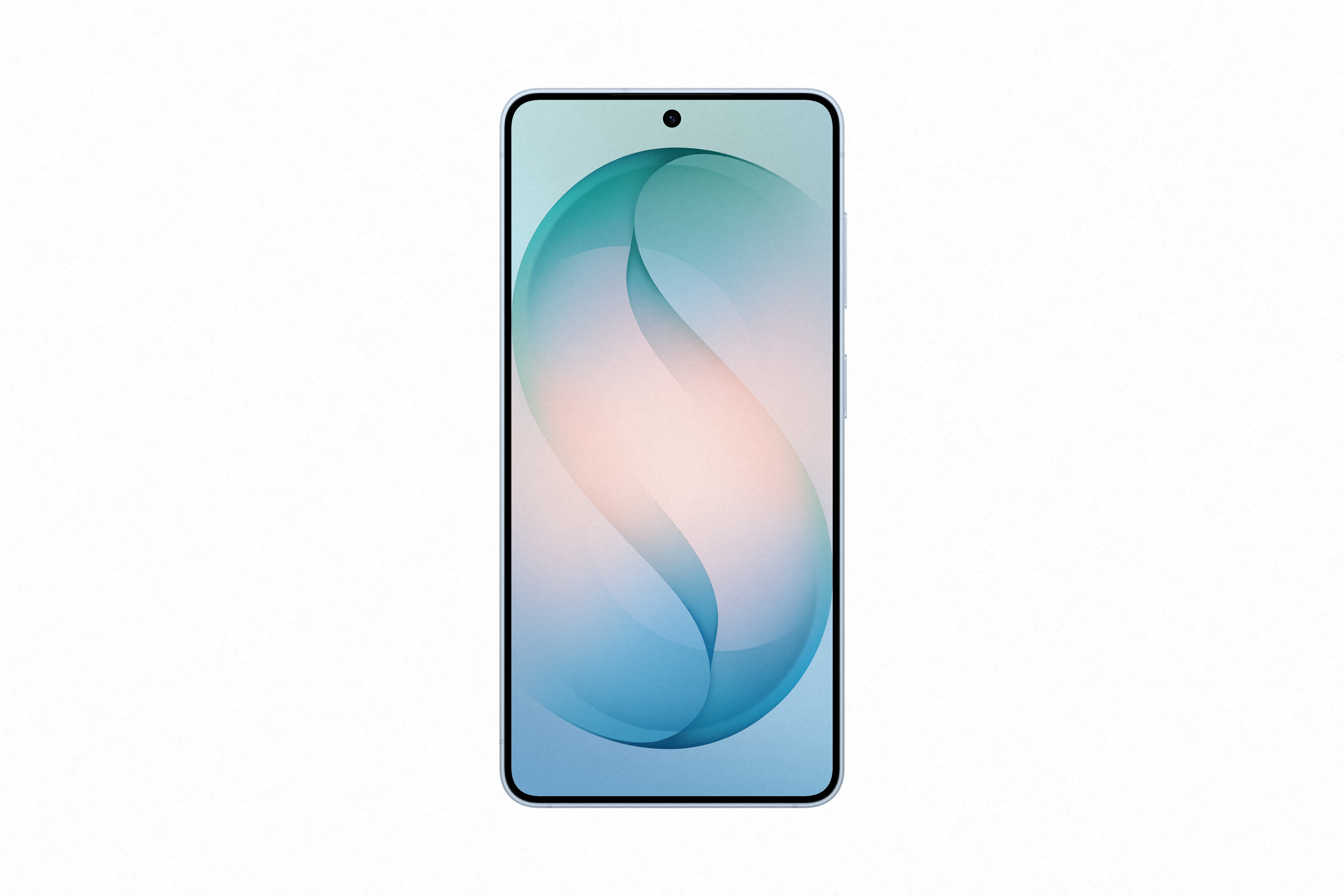 Ein hellblaues Smartphone mit einem abstrakten, wellenförmigen Hintergrund auf dem Bildschirm.