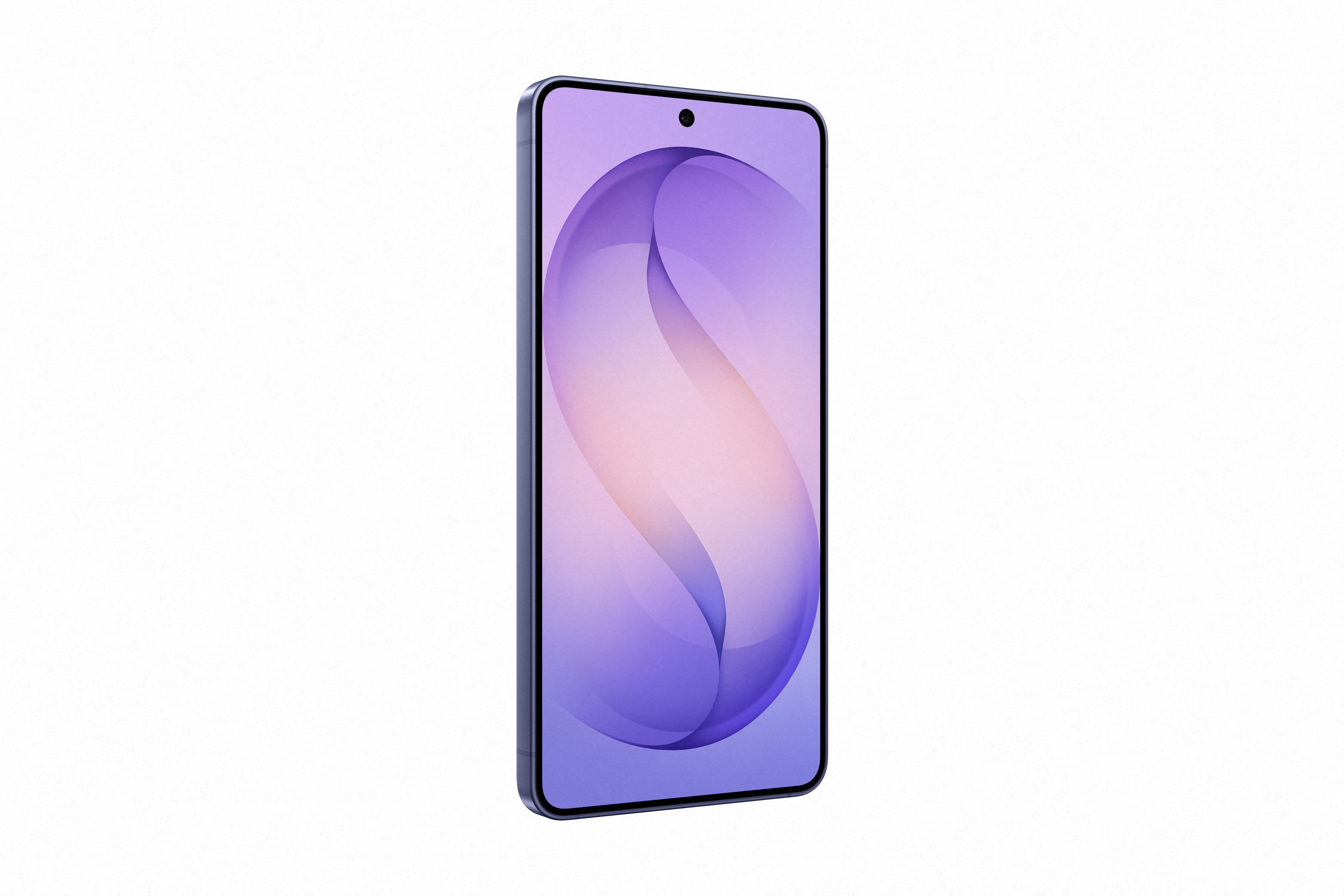 Ein blaues Smartphone mit einem violetten Hintergrundbild und einer Frontkamera.