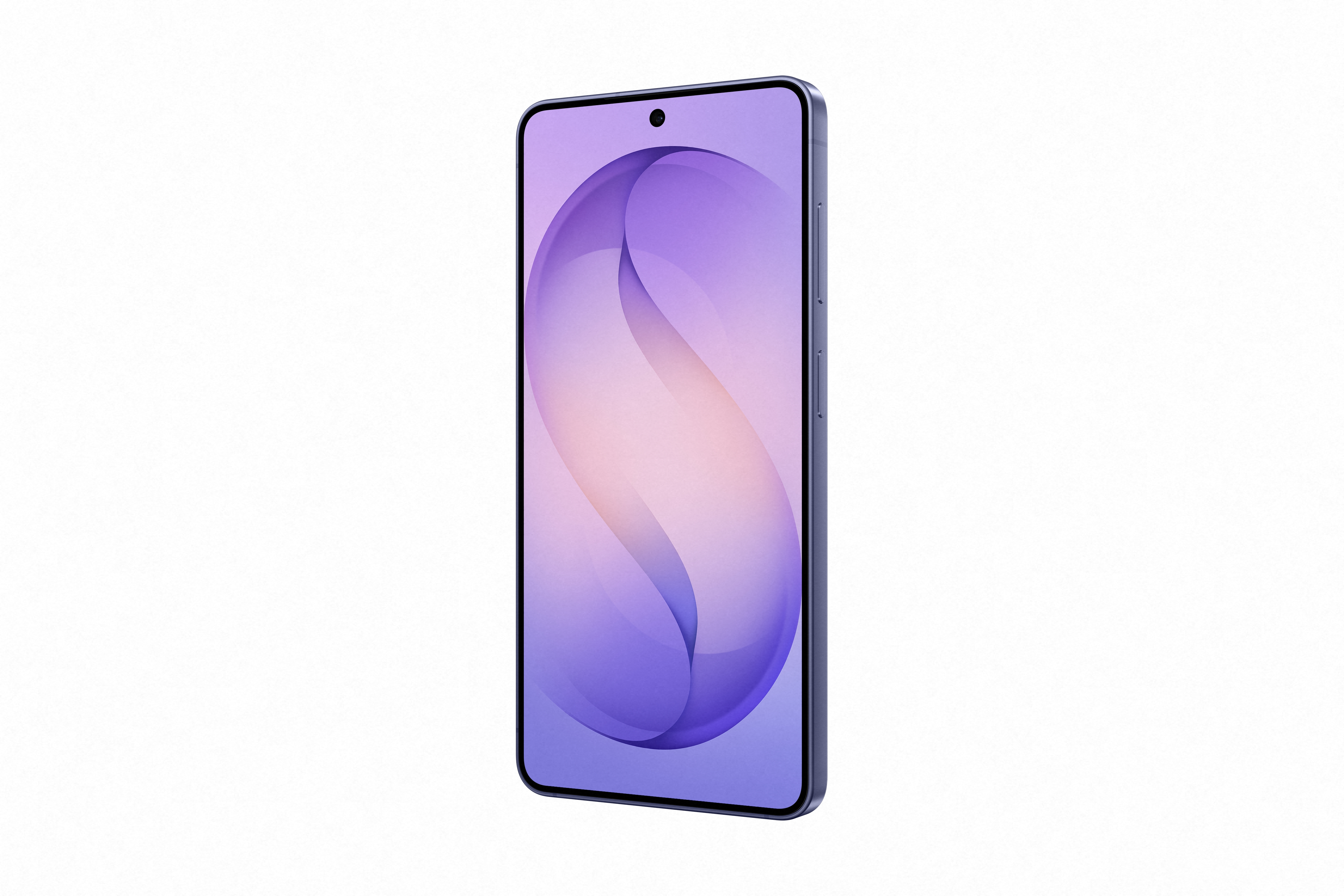 Ein modernes Smartphone in Dunkelblau mit einem lila und rosa Muster auf dem Bildschirm.