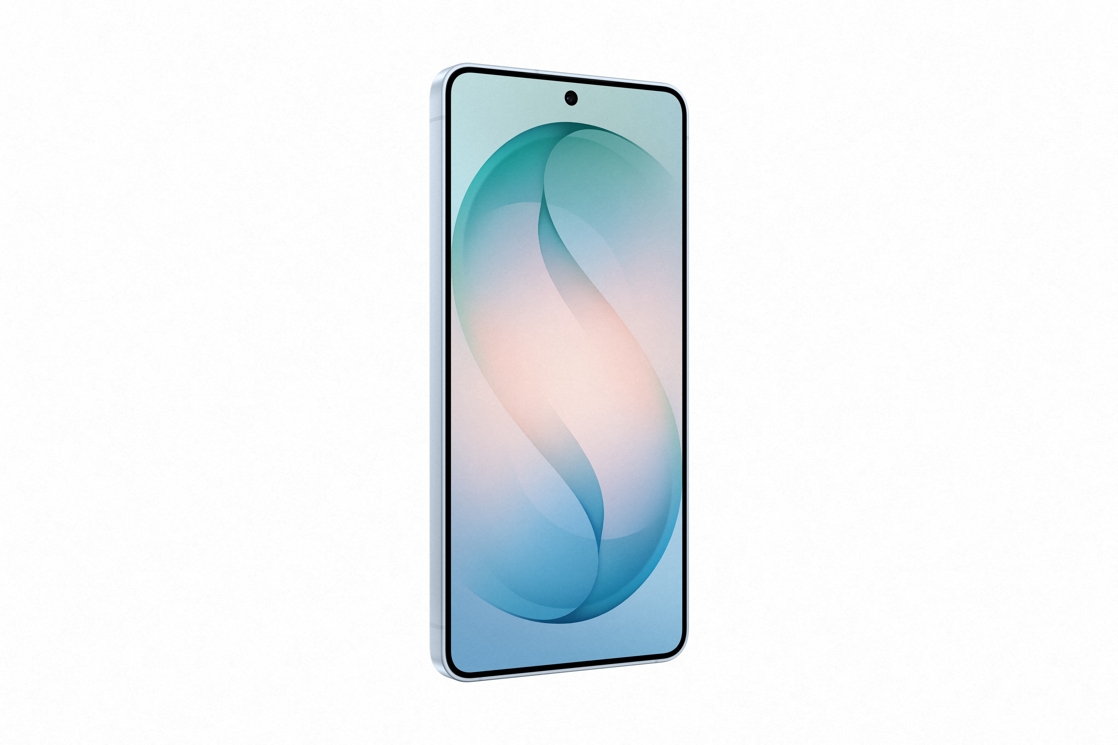 Ein hellblaues Smartphone mit einem abstrakten Muster auf dem Bildschirm.