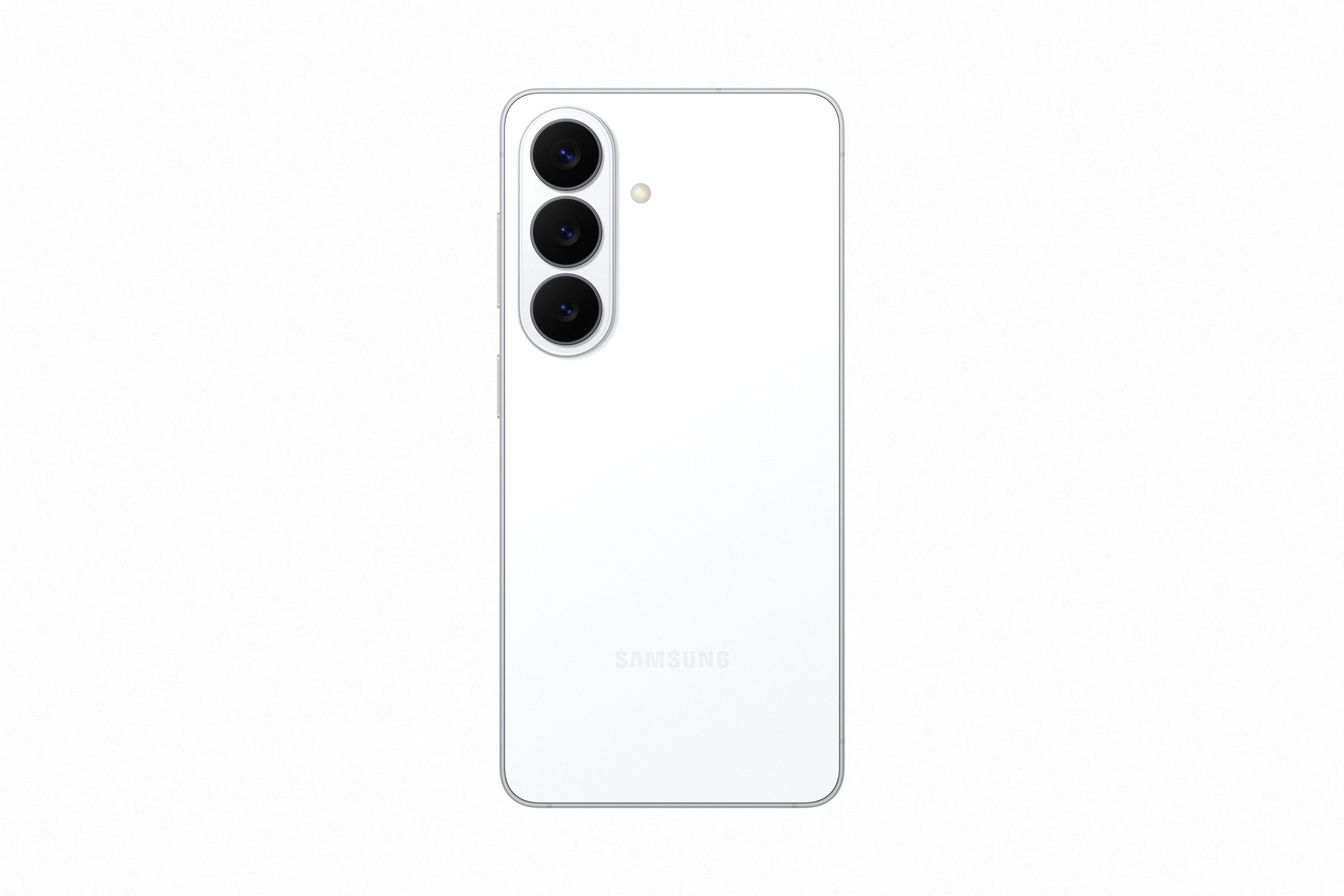 Ein weißes Samsung-Smartphone mit drei Kameras auf der Rückseite.