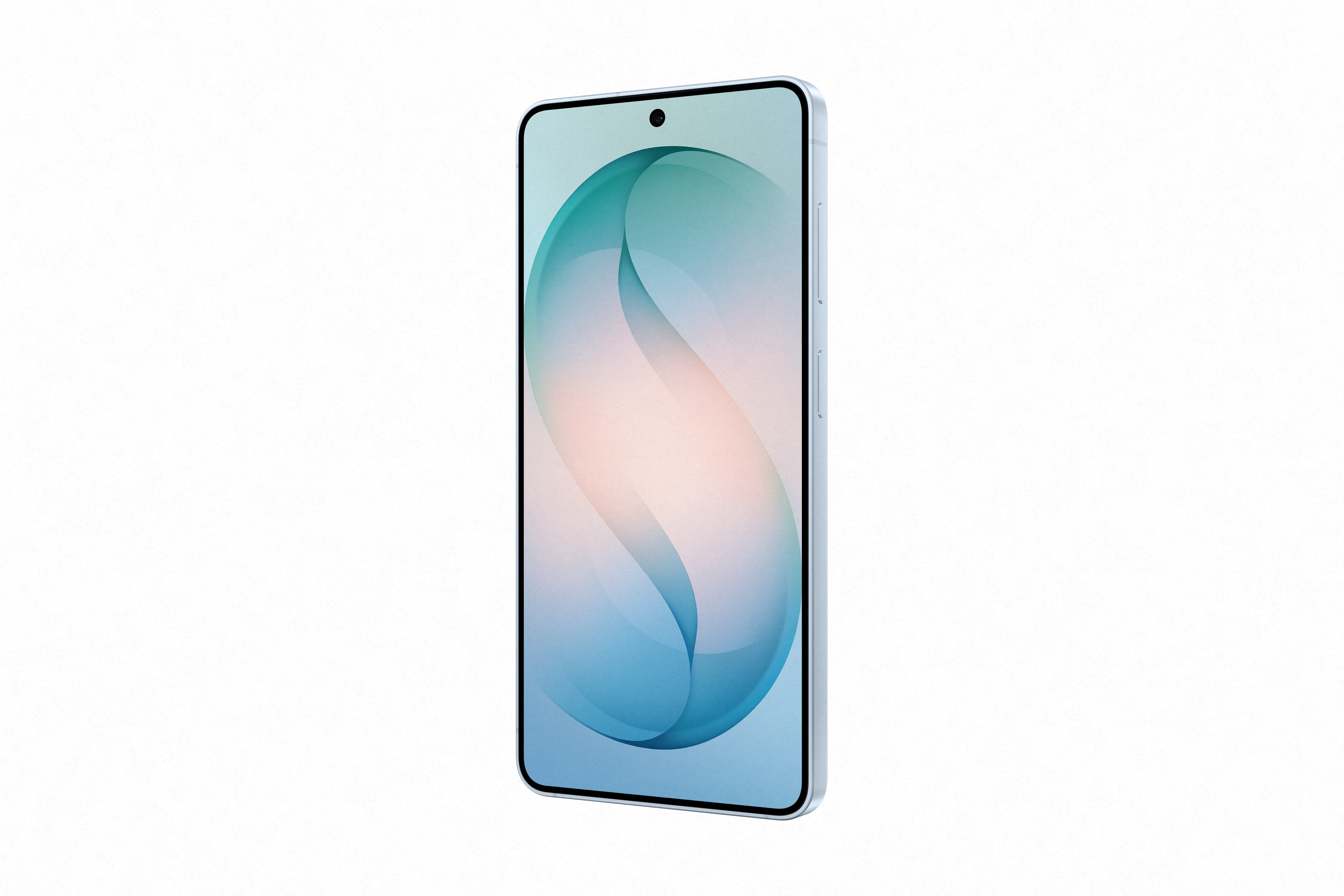 Ein hellblaues Smartphone mit einem runden Loch und einem abstrakten Hintergrund.