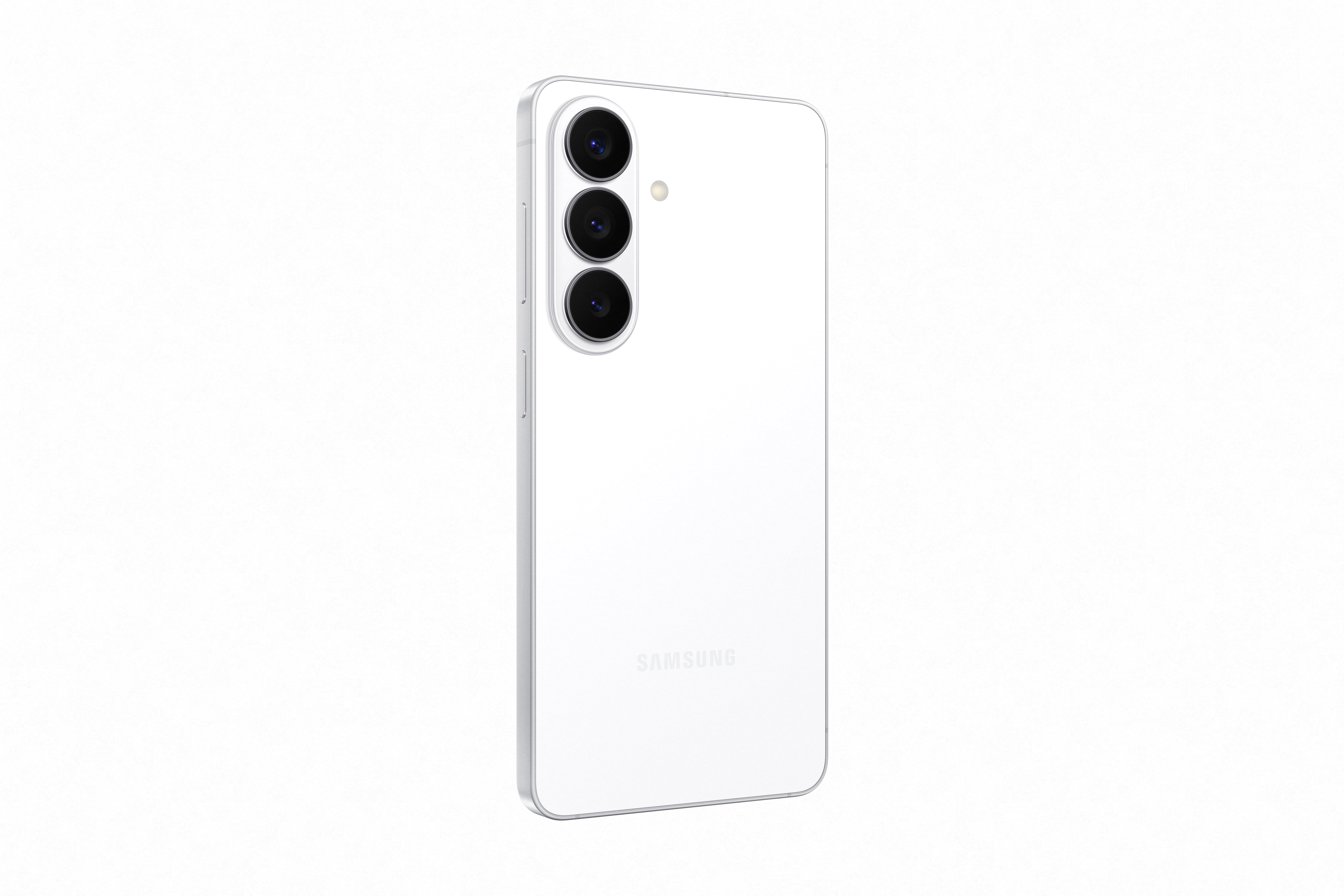 Rückseite eines weißen Samsung Smartphones mit drei Kameralinsen und dem Samsung-Logo.