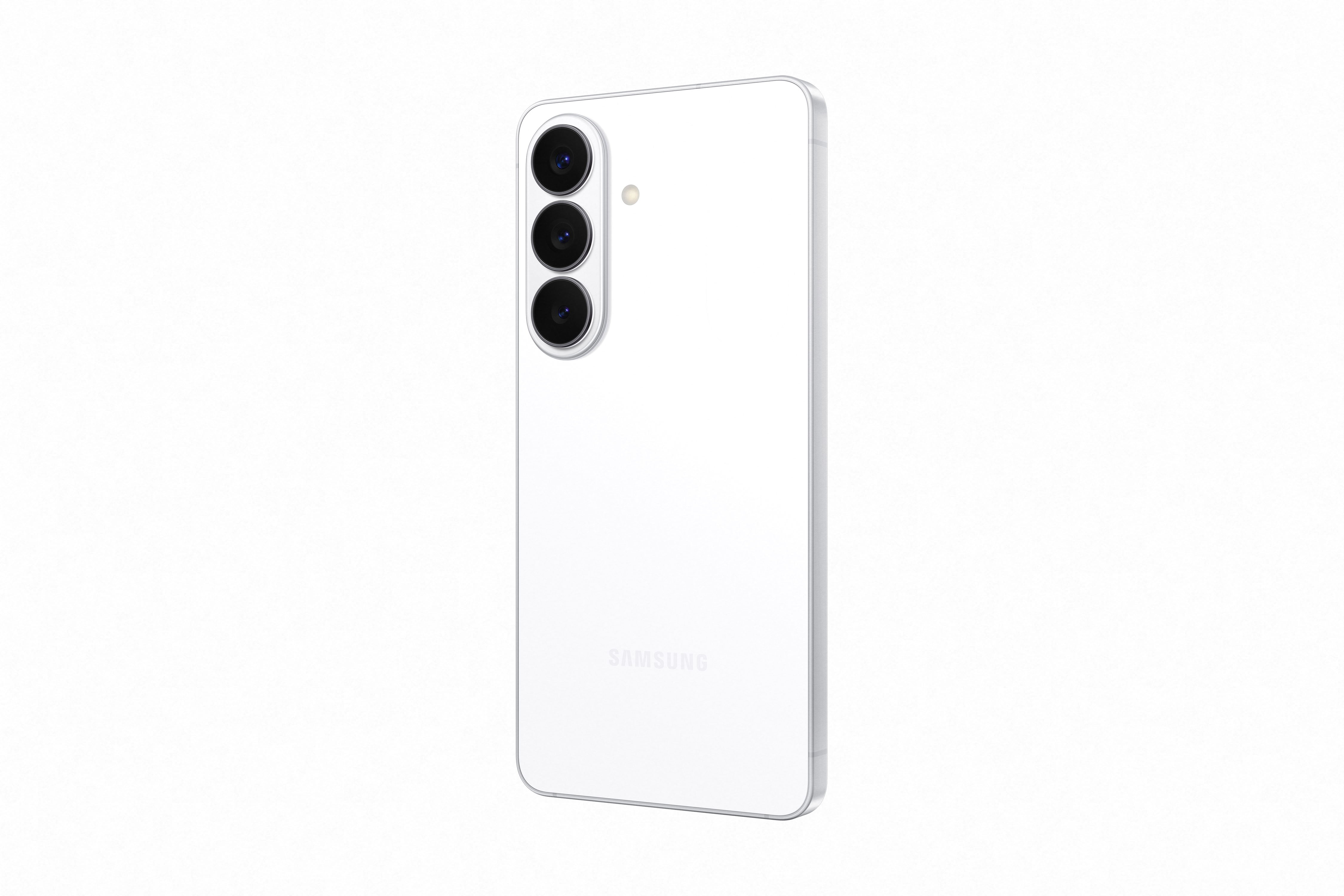 Ein weißes Samsung Smartphone mit drei Kameras auf der Rückseite.
