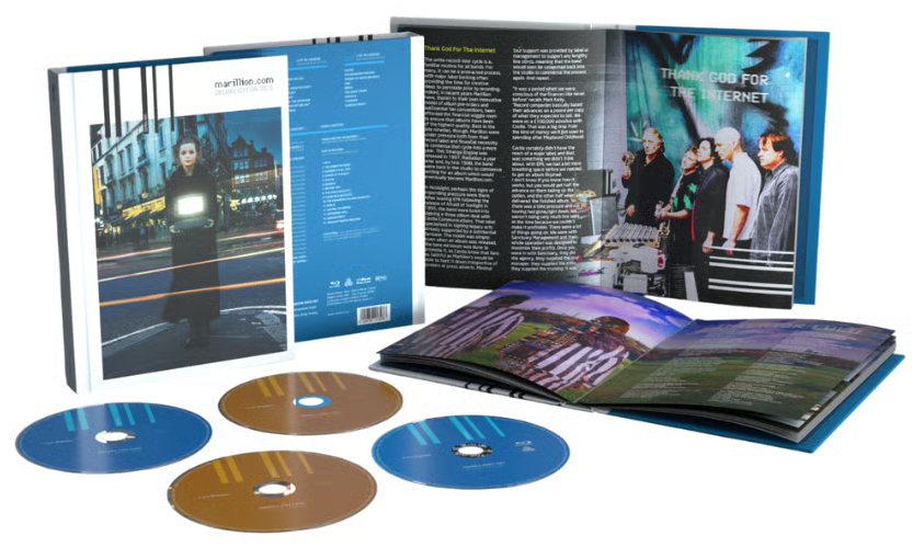 Marillion.com könyv három CD-vel, világító dobozt tartó nő, zenekari fotók, tracklisták.