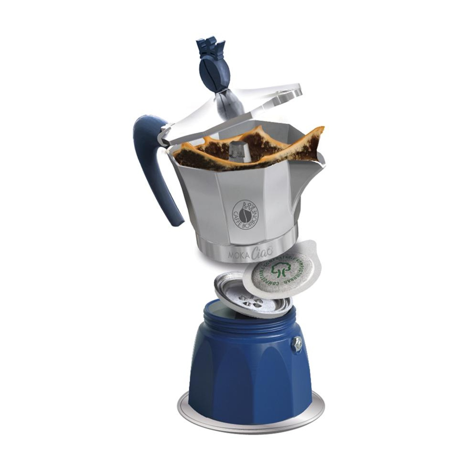Caffettiera espresso smontata con base blu e parte superiore argentata.