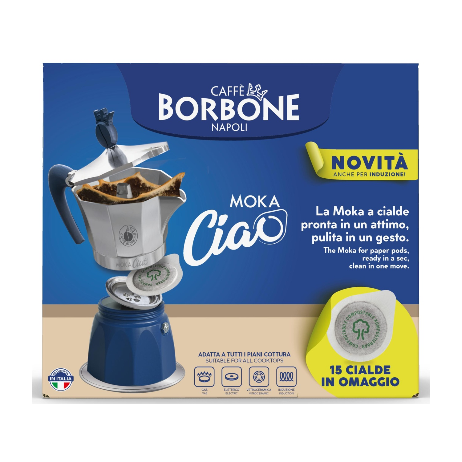 Una moka blu con cialde di caffè e marchio Borbone, su una superficie beige.