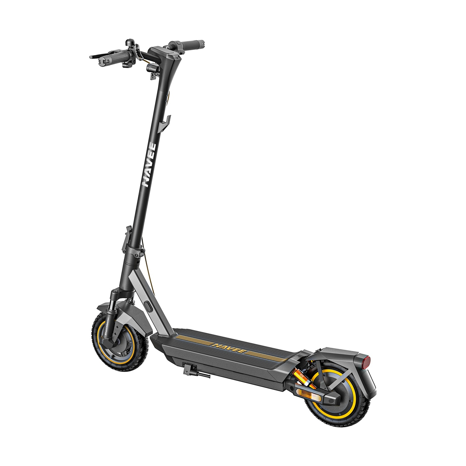 Uno scooter elettrico nero con accenti gialli è mostrato su sfondo bianco.