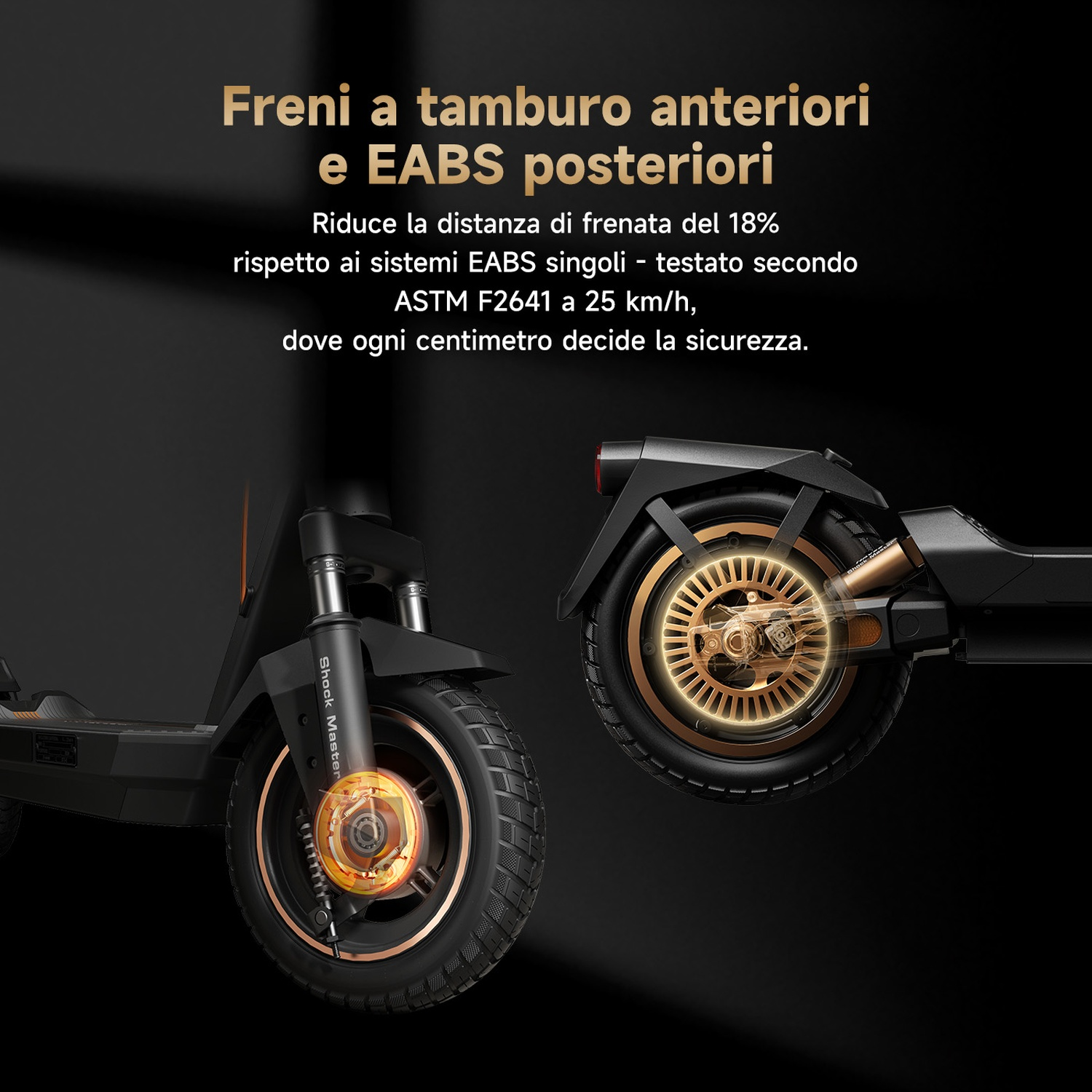 Freni a tamburo anteriori e freni EABS posteriori dello scooter.