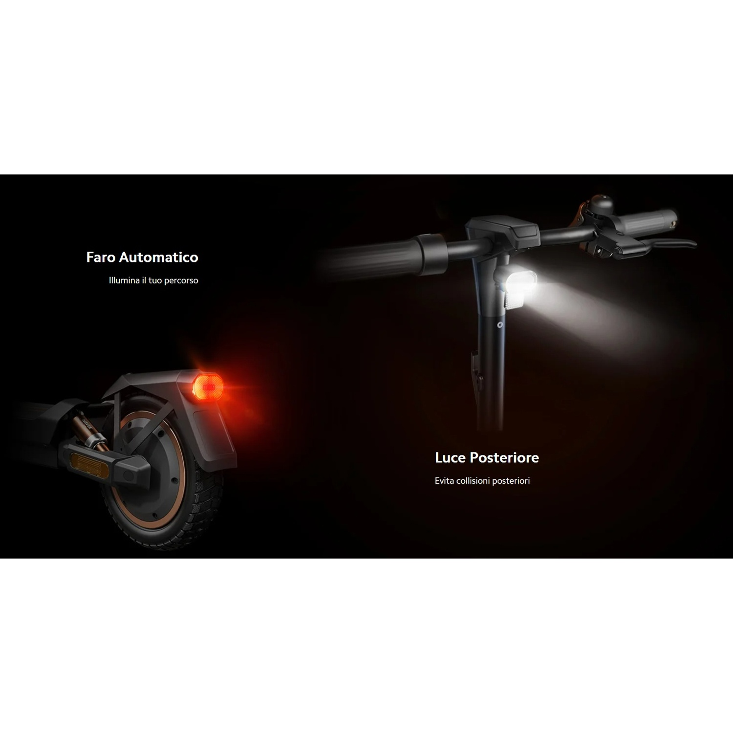 Monopattino elettrico con luci anteriori e posteriori illuminate.