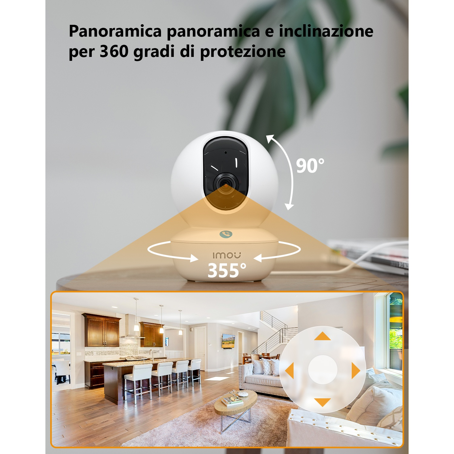 Telecamera di sicurezza con funzione pan e tilt a 360° in un soggiorno.