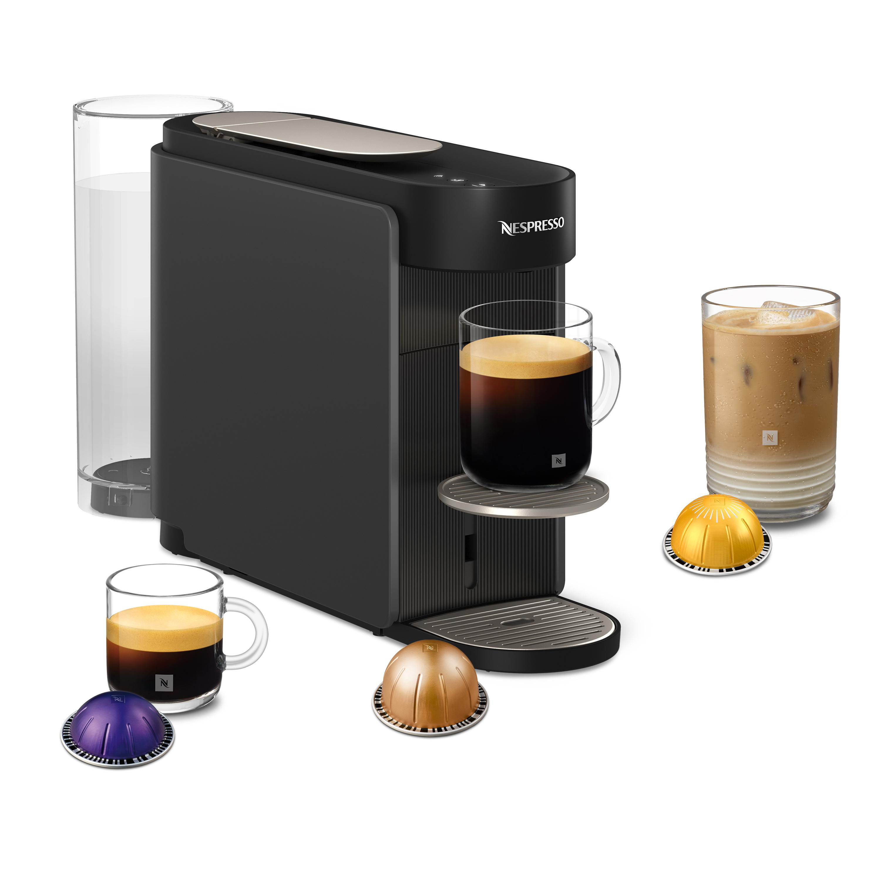 Schwarze Nespresso-Maschine mit Kaffee in Gläsern und Kapseln.