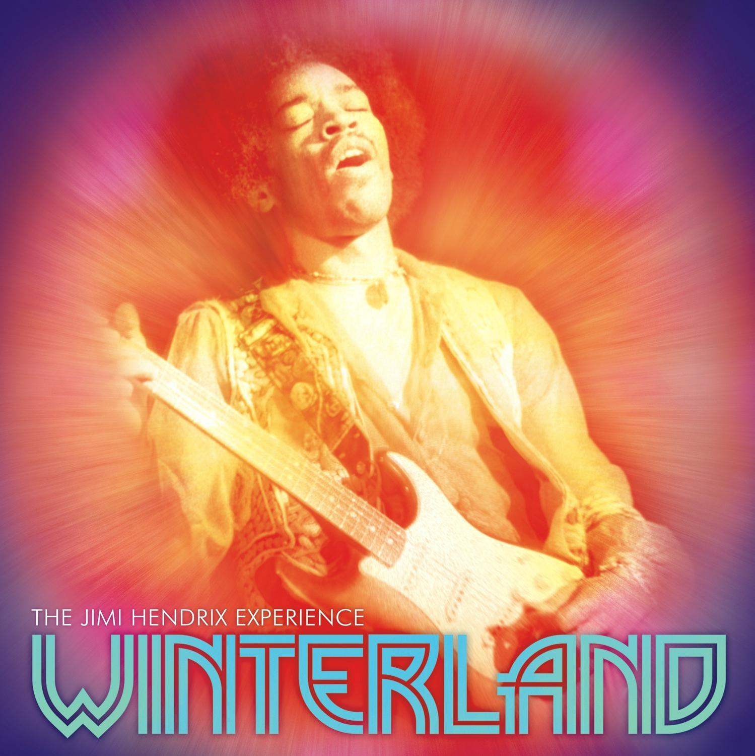 Jimi Hendrix speelt gitaar met een levendige, stralende achtergrond.