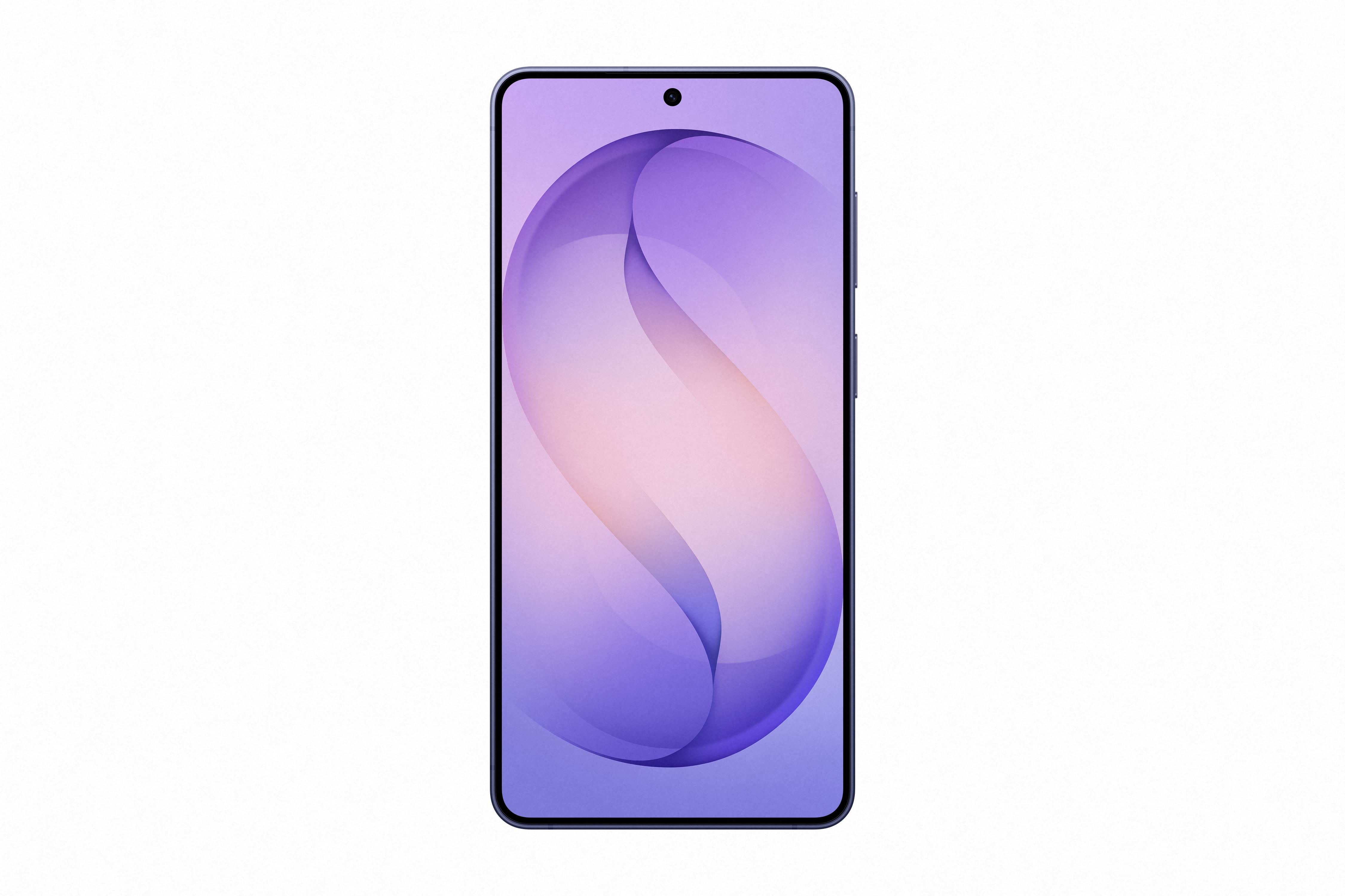 Ein dunkles Smartphone mit violettem Hintergrund und geschwungenen Linien.