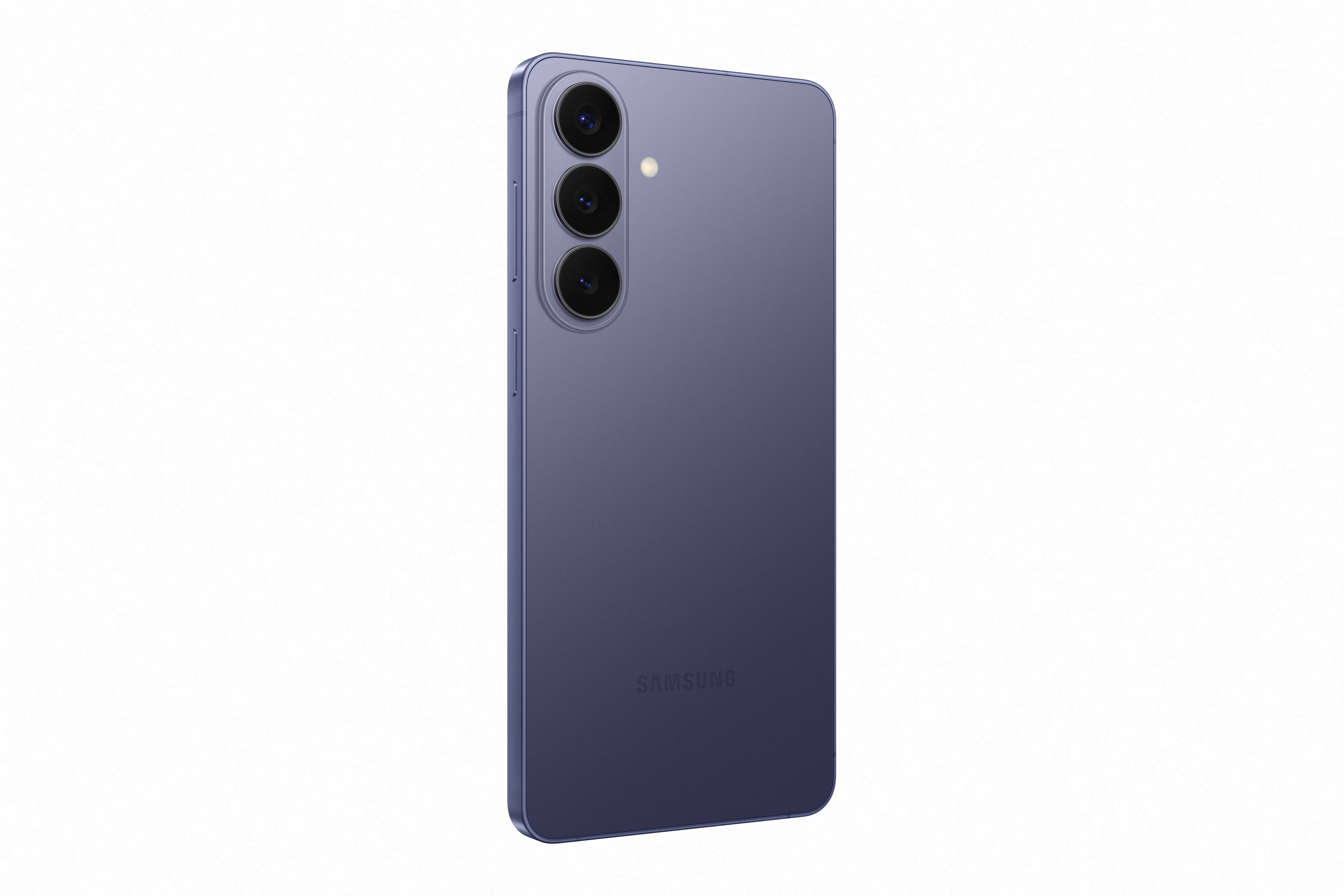 Lila Samsung Smartphone mit drei Kameralinsen auf der Rückseite.