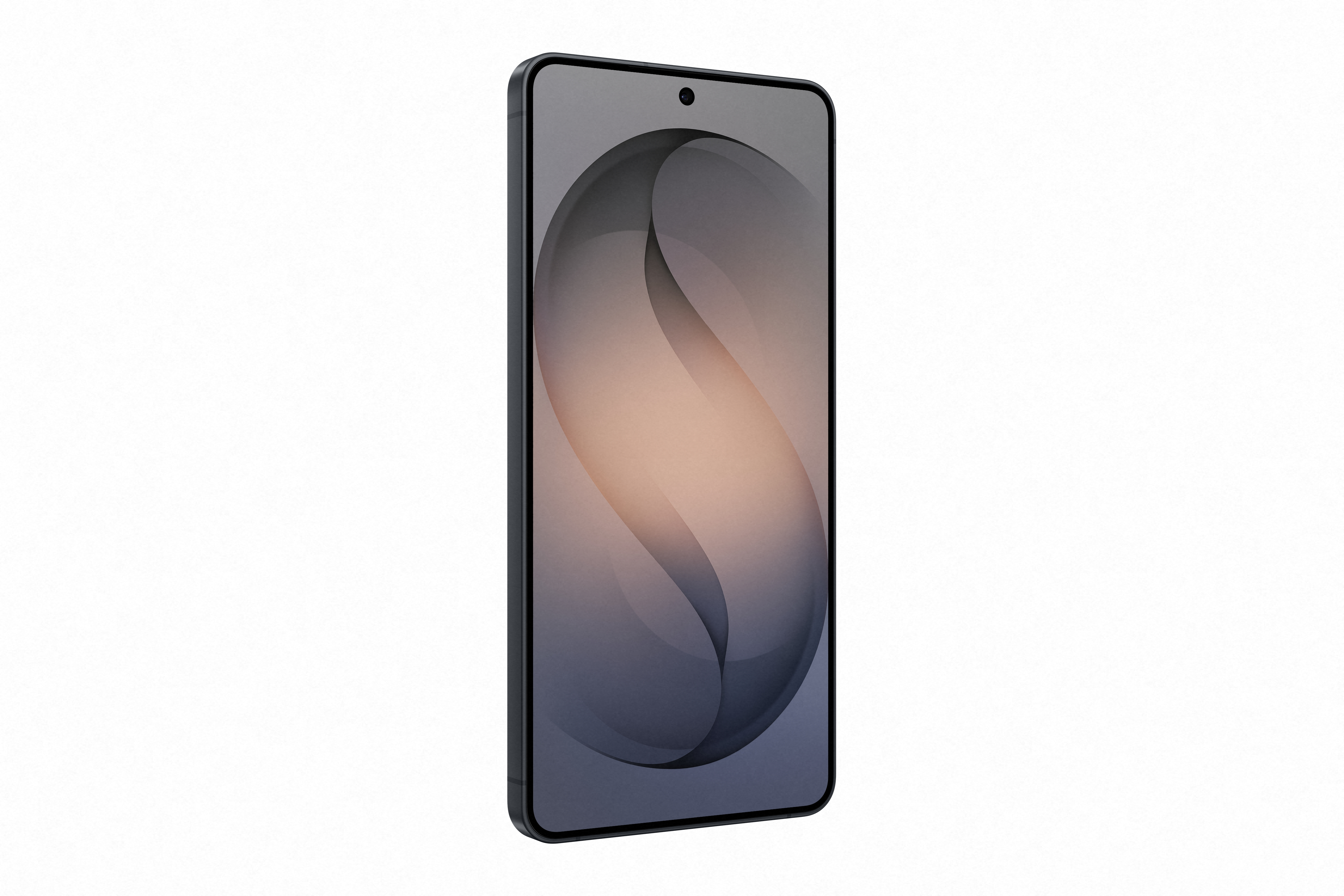 Ein schwarzes Smartphone mit einem abstrakten, grauen und orangefarbenen Hintergrundbild.