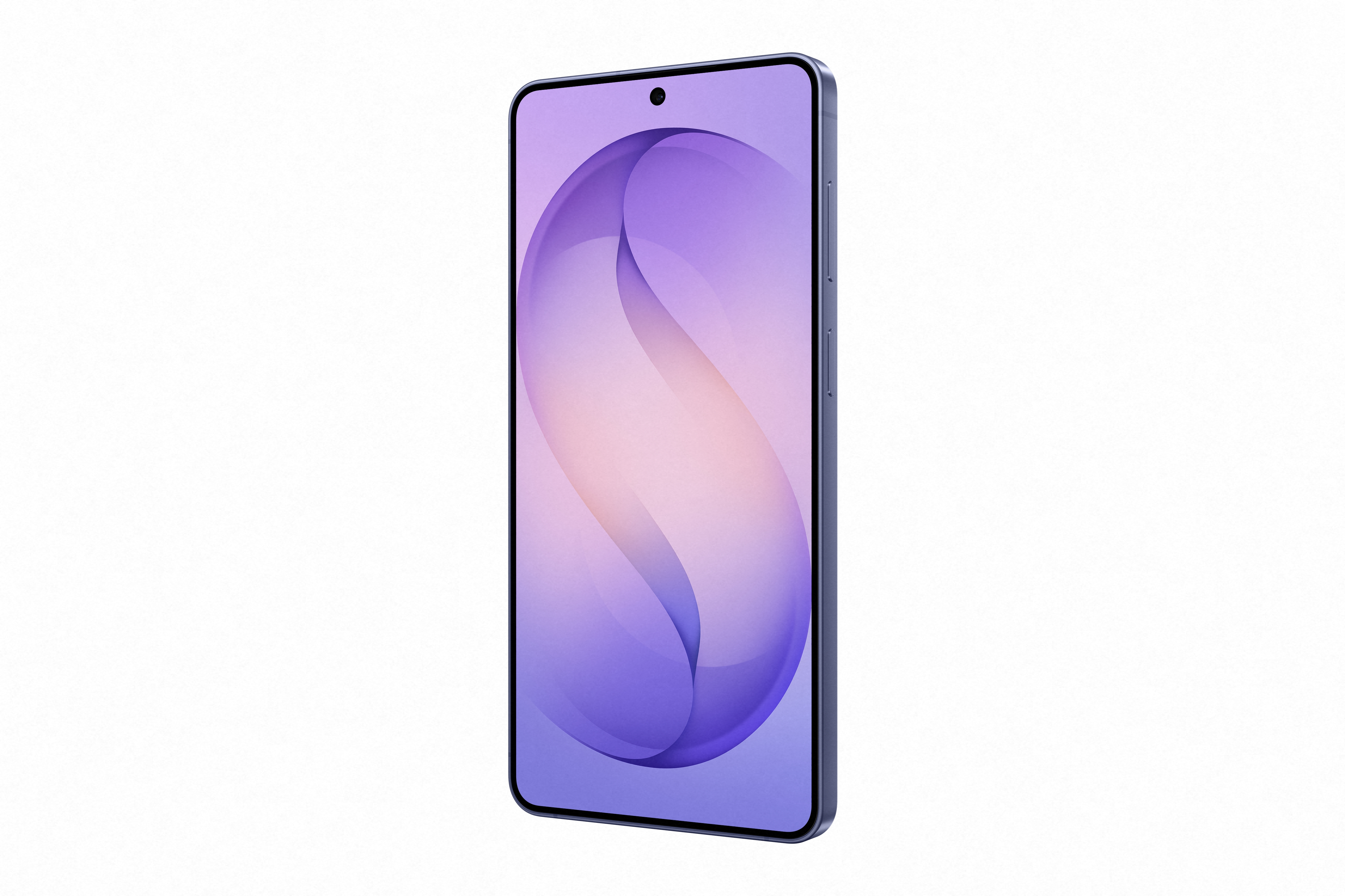 Ein blaues Smartphone mit einem lila und rosa Hintergrund auf dem Bildschirm.