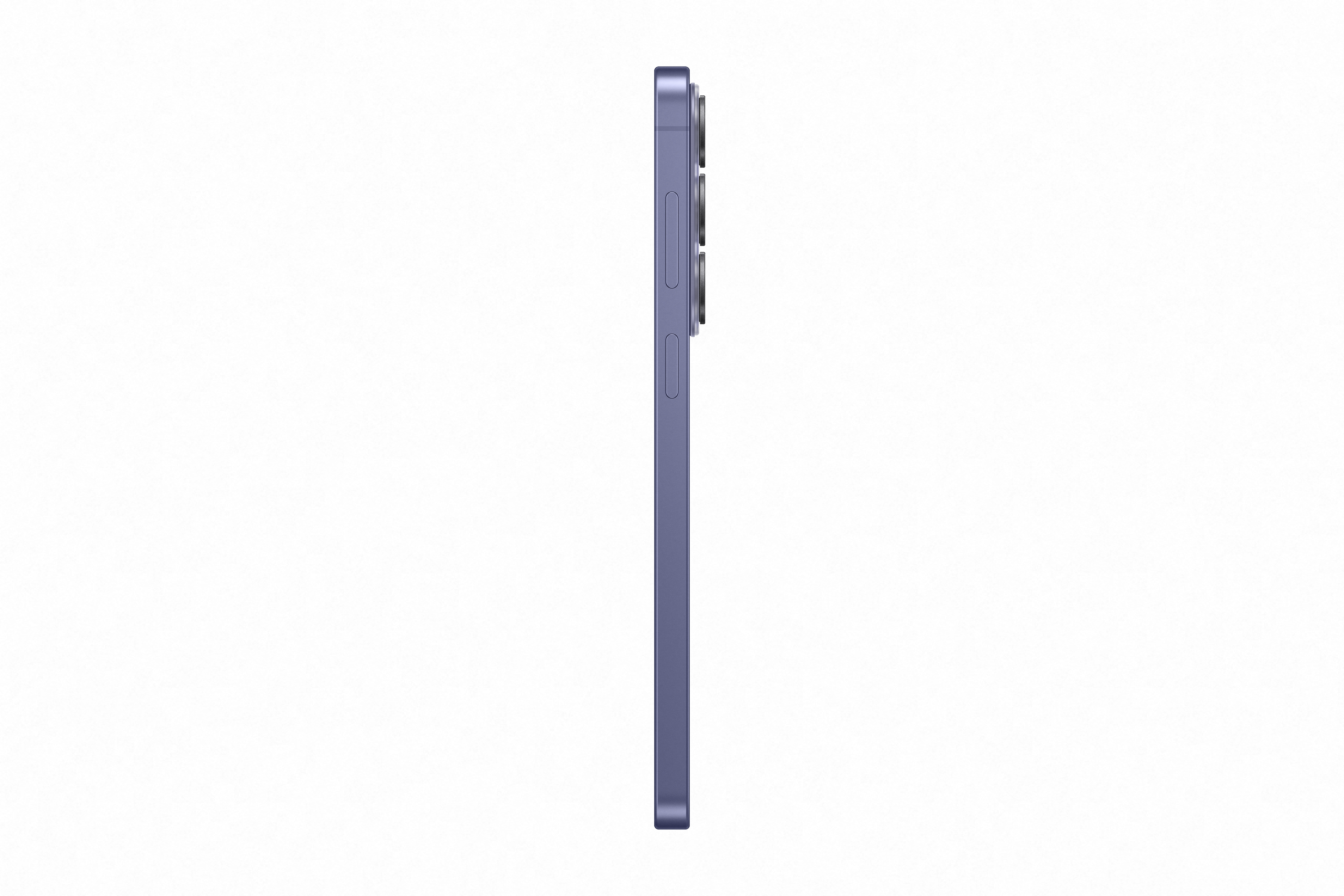 Lila Smartphone von der Seite mit sichtbaren Knöpfen und Kameralinsen.