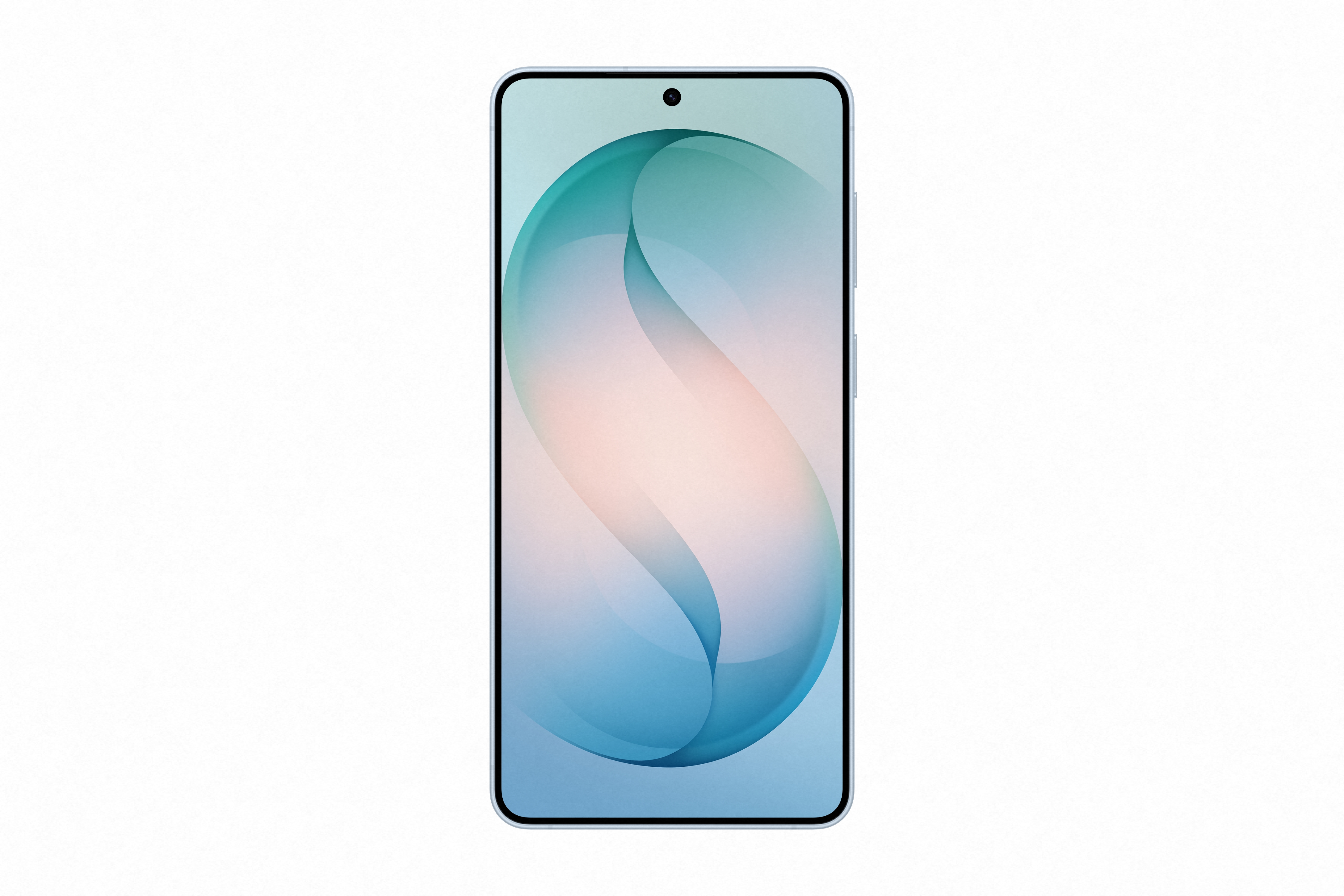 Ein schlankes Smartphone mit einem blauen und rosafarbenen Wellenhintergrund.