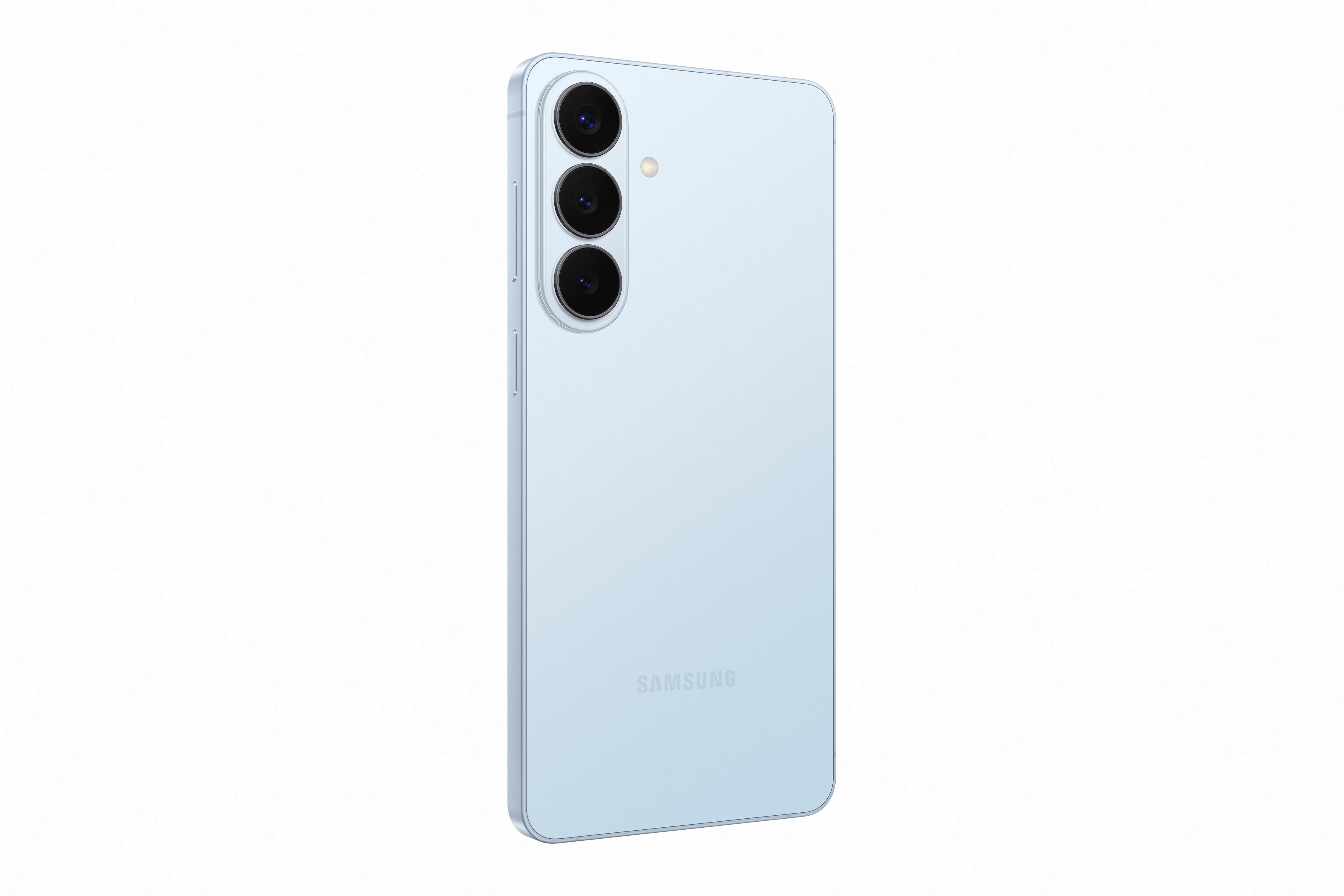 Ein hellblaues Smartphone mit drei Kameras und dem Samsung-Logo.