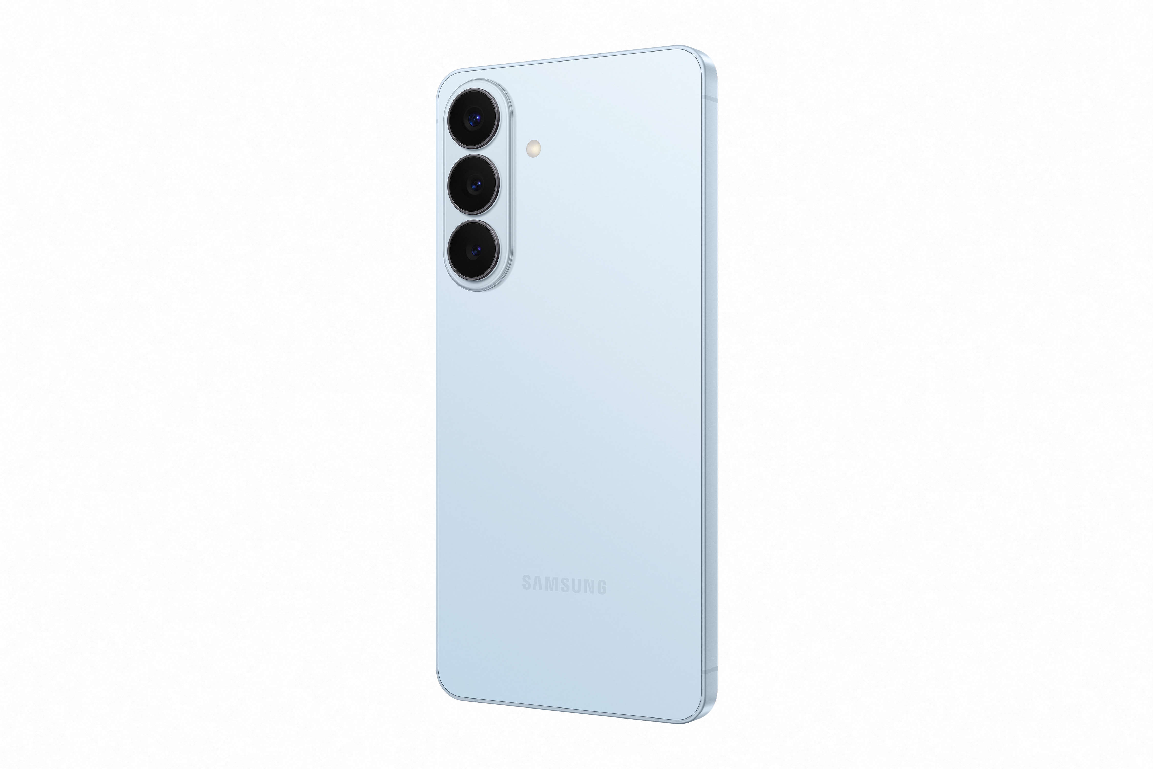 Ein hellblaues Smartphone mit drei Kameras auf der Rückseite.