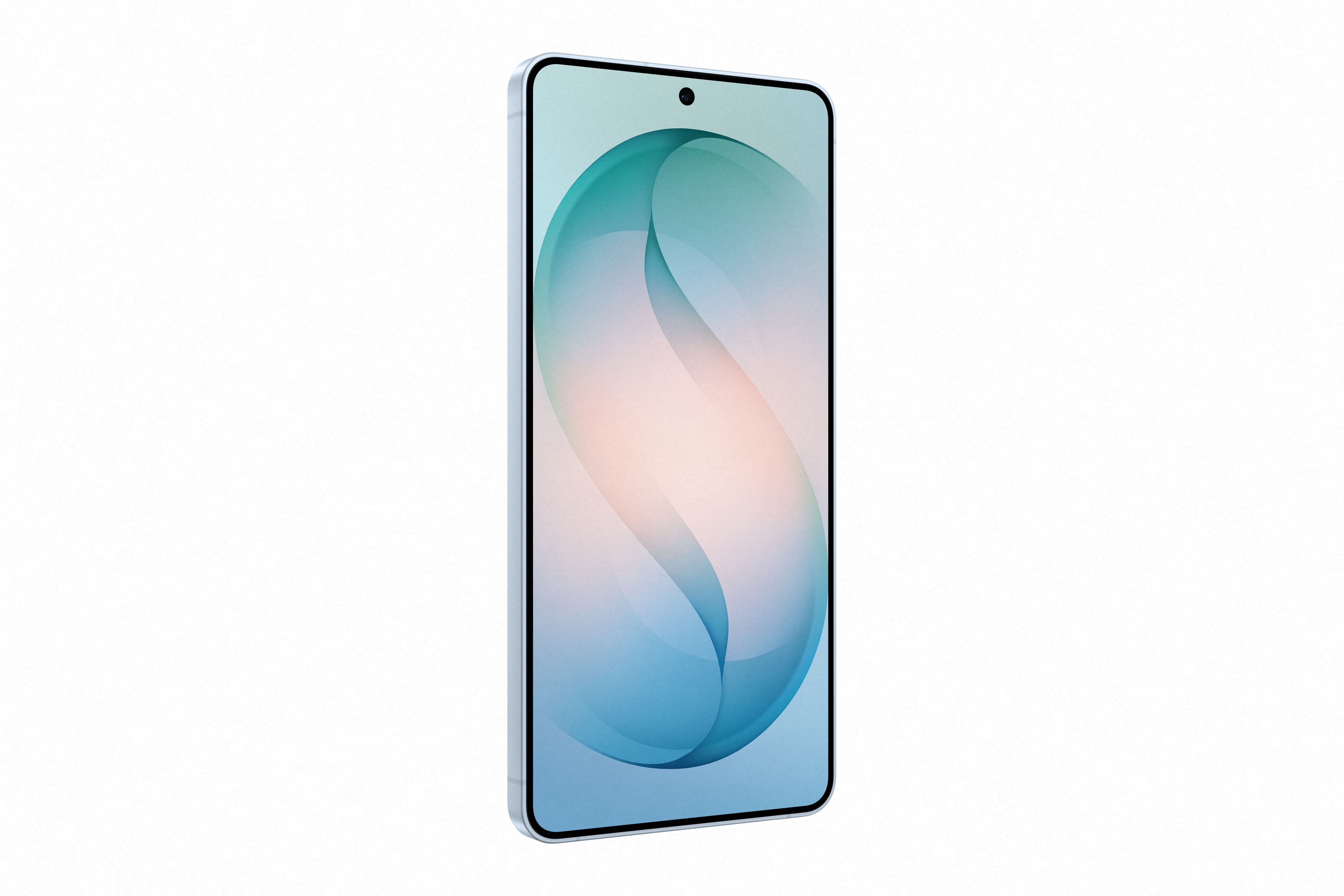 Ein hellgraues Smartphone mit einem abstrakten, blauen und rosafarbenen Hintergrund auf dem Bildschirm.