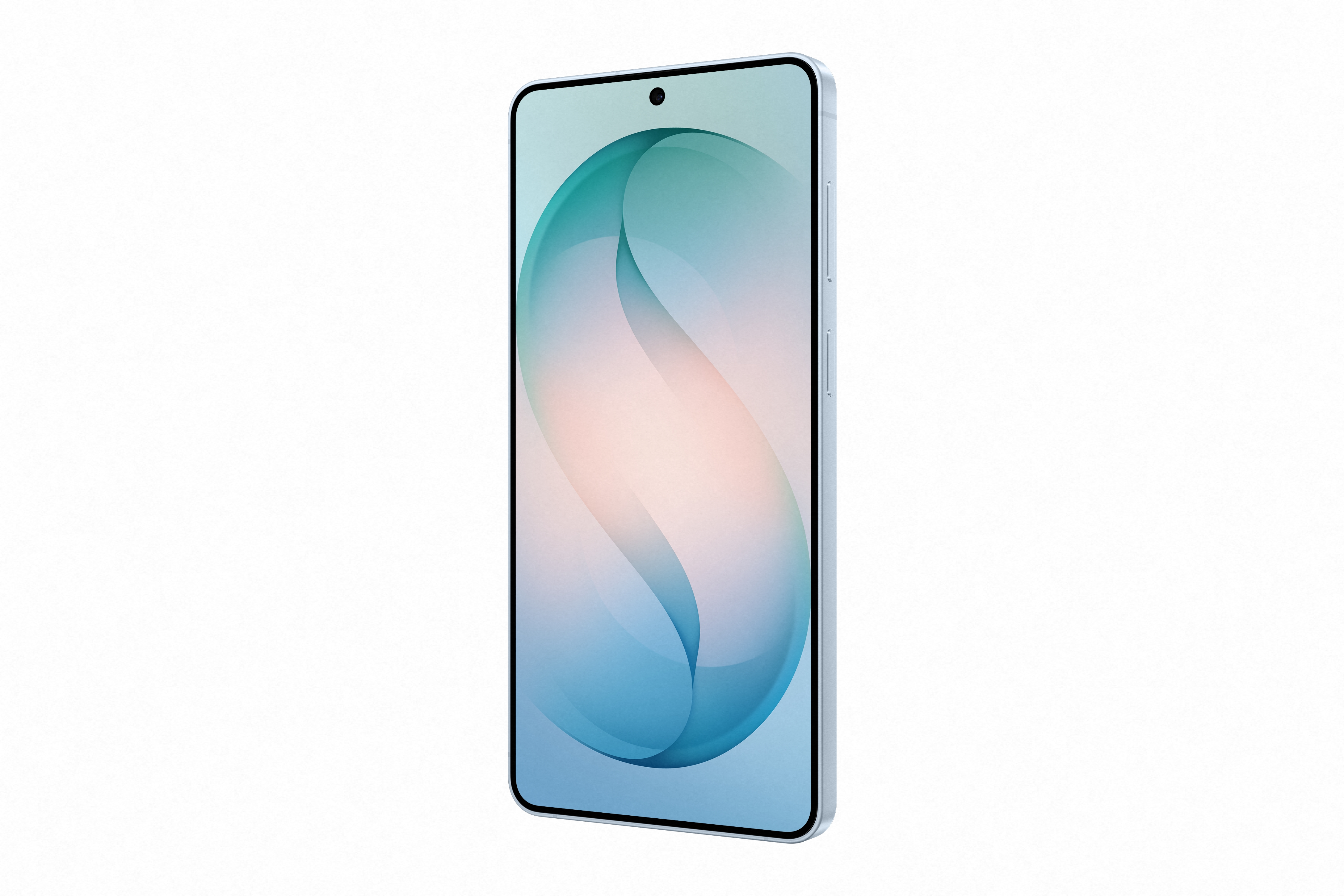 Ein hellblaues Smartphone mit einem abstrakten Hintergrund auf dem Bildschirm.