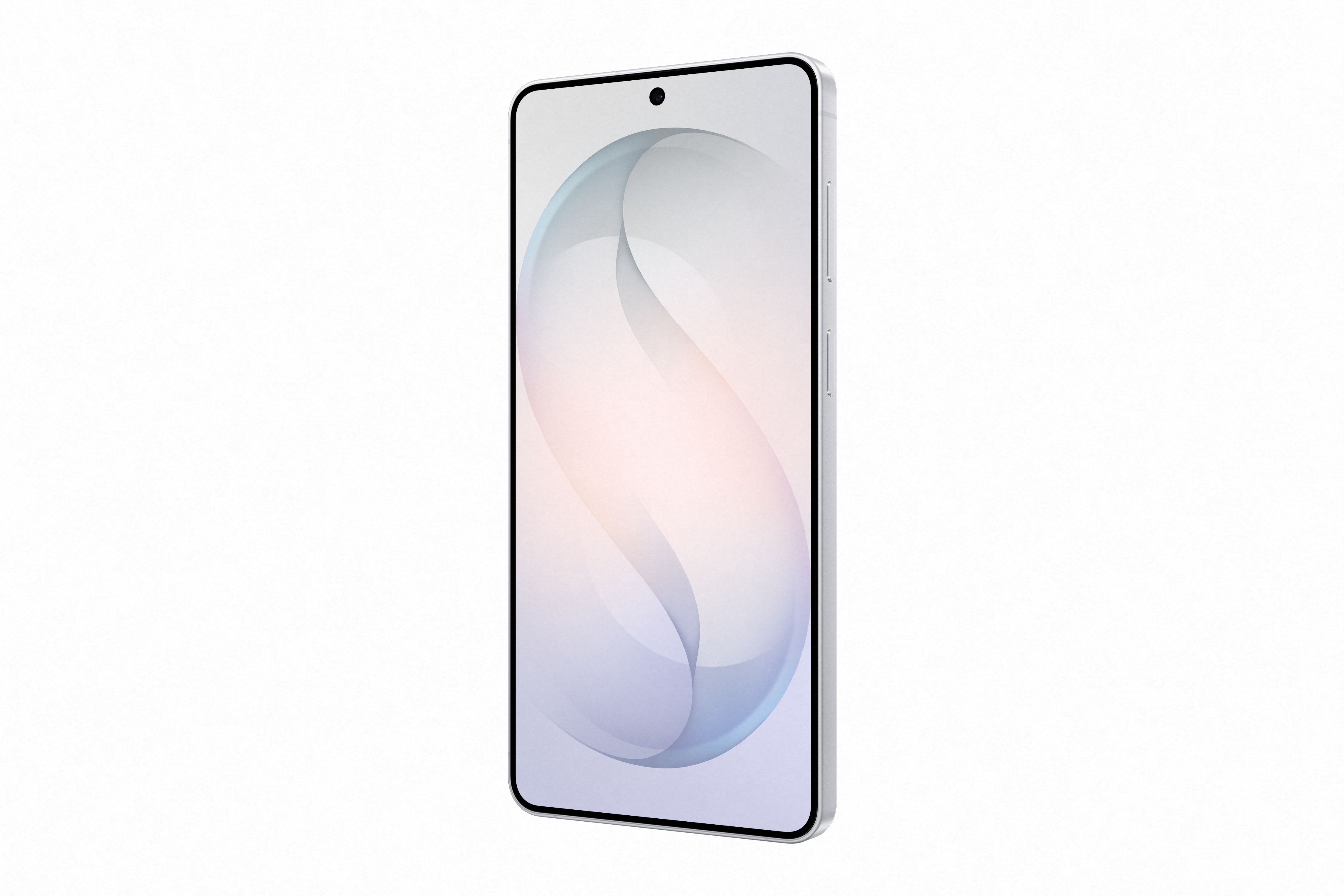 Ein schlankes Smartphone mit silbernem Rahmen, schwarzer Frontkamera und einem abstrakten Hintergrund.