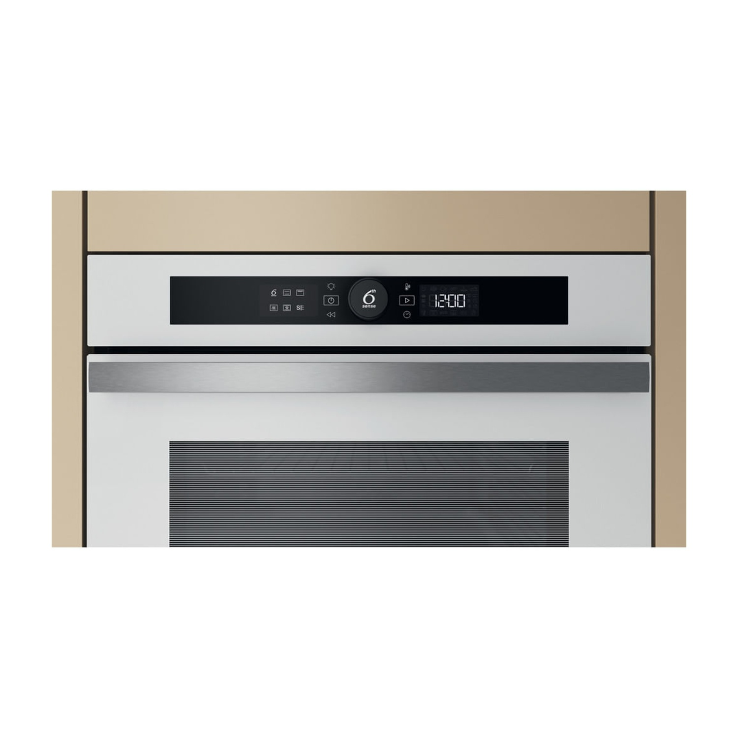 Un forno da incasso moderno con display digitale che mostra le 12:00.
