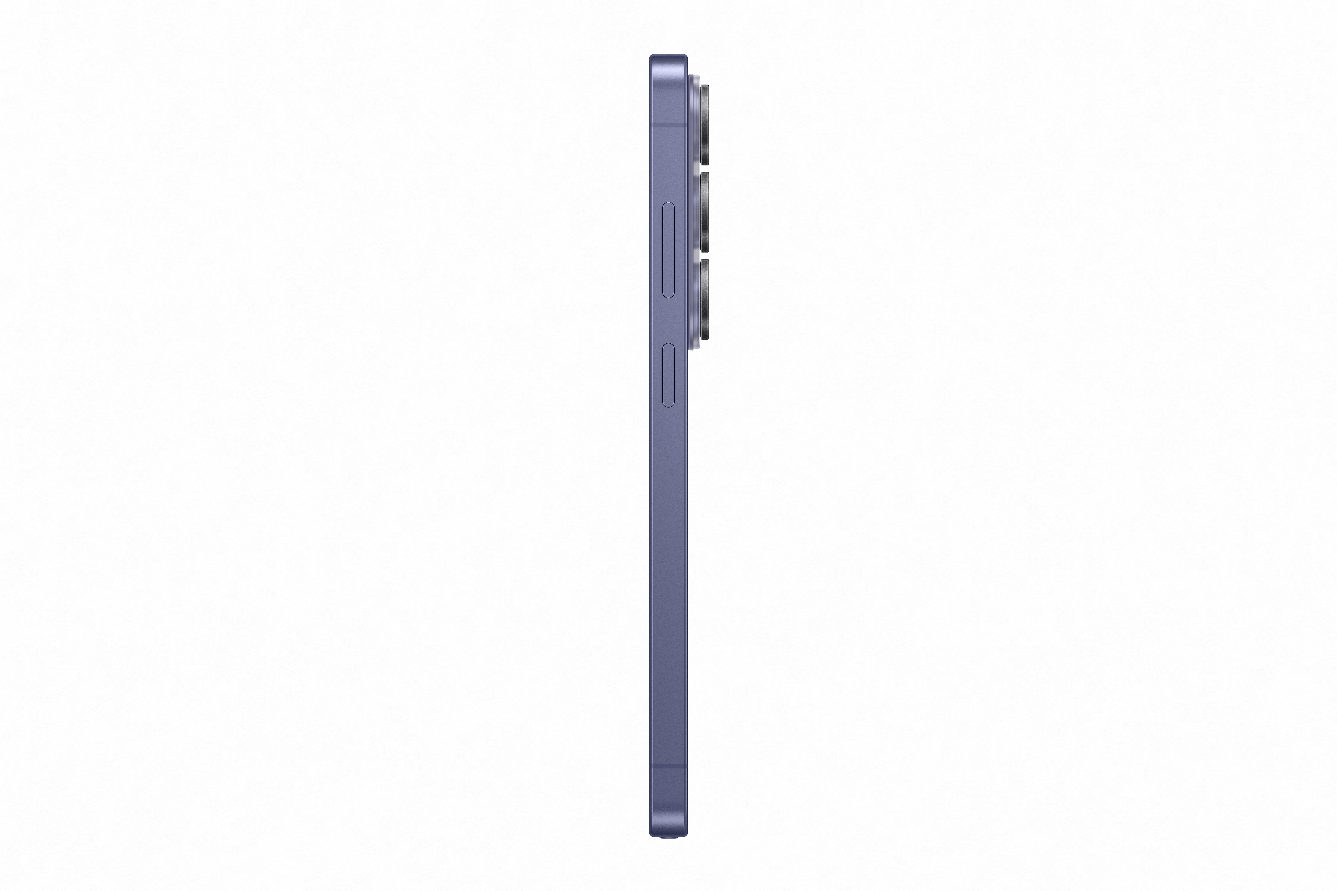Eine violette Smartphone-Rückseite mit drei Kameras, seitlich gesehen.
